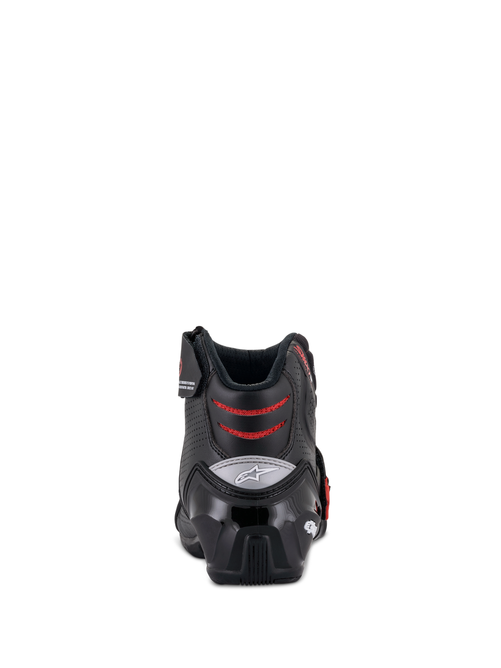 Alpinestars SMX-1 R V2 Belüftete Stiefel, niedrig geschnittene Motorradstiefel, Schwarz und Rot, Rückansicht mit TPU-Fersenkappe und roten Mesh-Flexzonen, Performance-Schuhwerk für Straßen- und Sportfahrten
