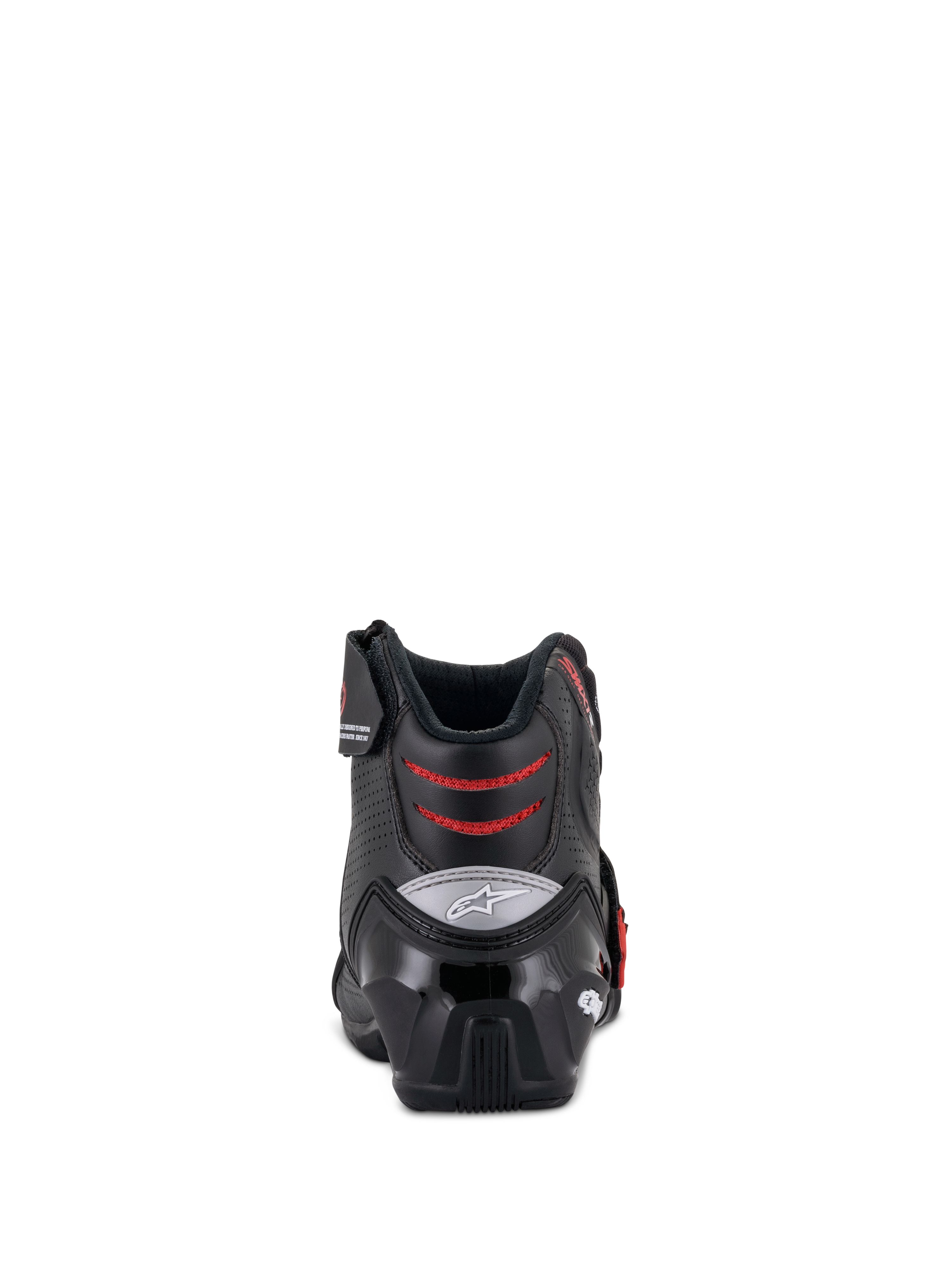 Alpinestars SMX-1 R V2 Belüftete Stiefel, niedrig geschnittene Motorradstiefel, Schwarz und Rot, Rückansicht mit TPU-Fersenkappe und roten Mesh-Flexzonen, Performance-Schuhwerk für Straßen- und Sportfahrten