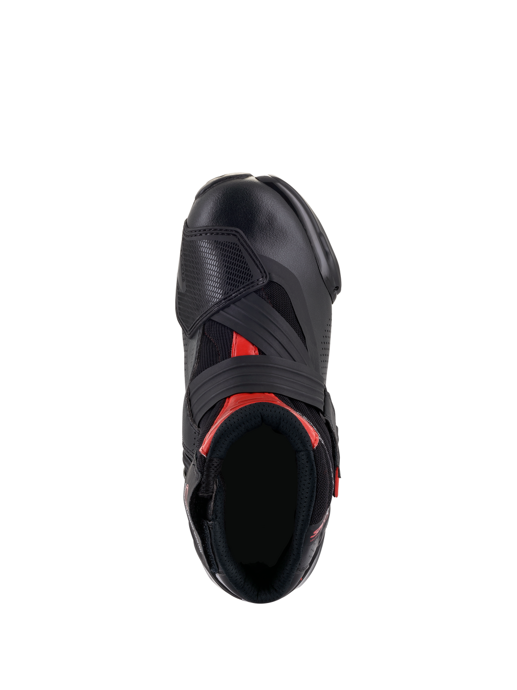 Alpinestars SMX-1 R V2 Vented Stiefel, Schwarz und Rot, Draufsicht mit Blick auf die Fußöffnung und die Oberkonstruktion, mit perforierter Mikrofaser, roten Akzenten und einem breiten Klettverschluss-Riemen am Rist.