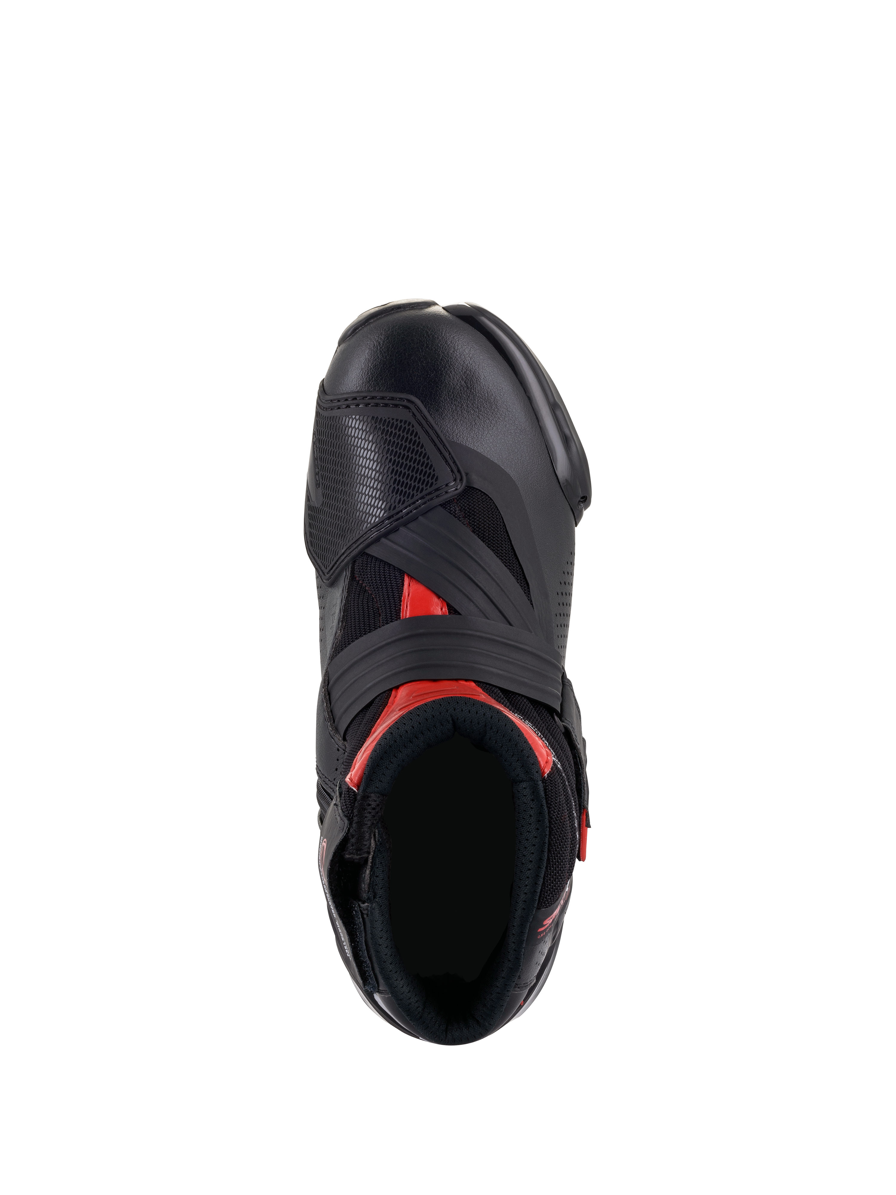 Alpinestars SMX-1 R V2 Vented Stiefel, Schwarz und Rot, Draufsicht mit Blick auf die Fußöffnung und die Oberkonstruktion, mit perforierter Mikrofaser, roten Akzenten und einem breiten Klettverschluss-Riemen am Rist.
