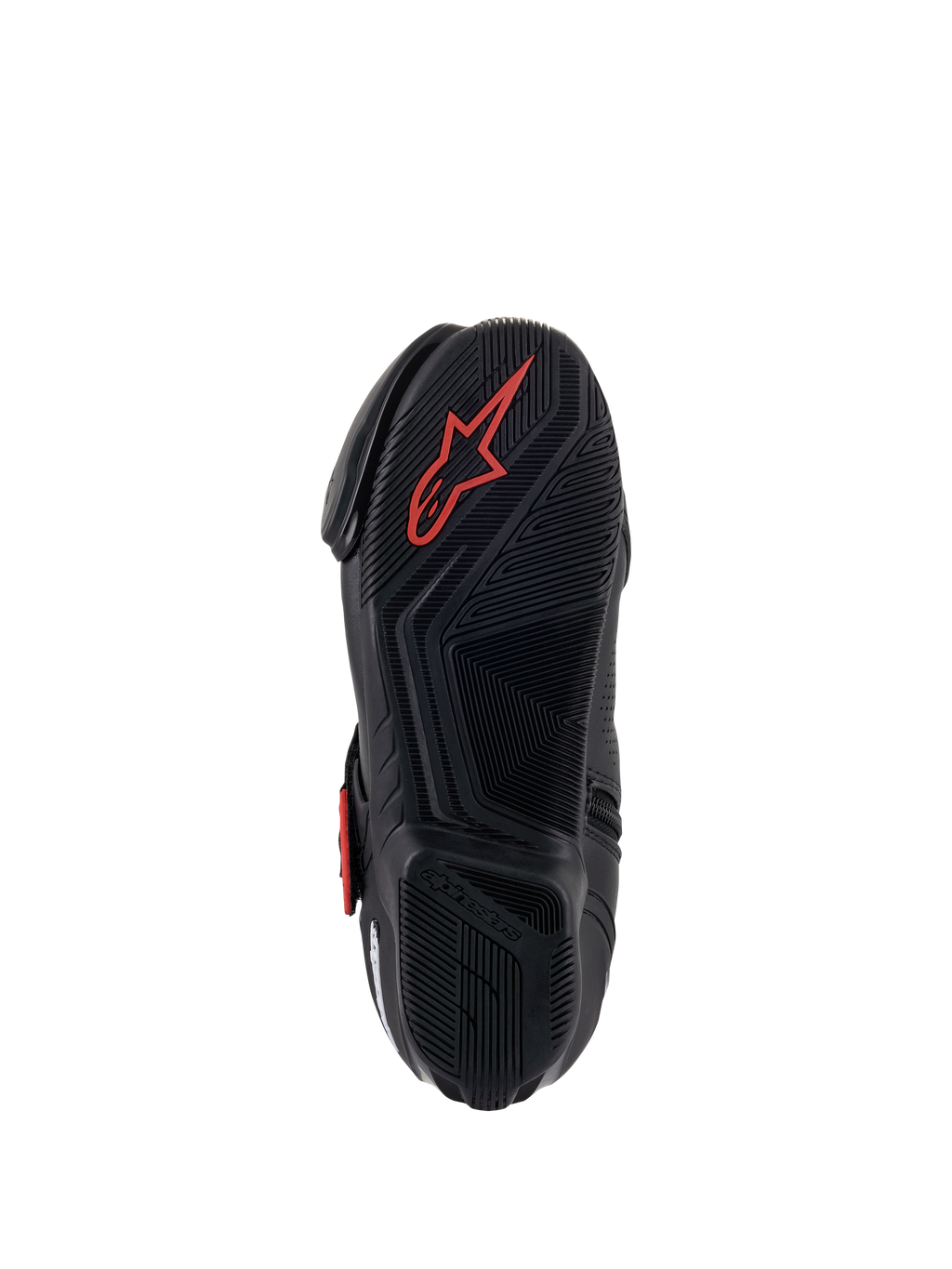 Alpinestars SMX-1 R V2 Belüftete Stiefel, Motorradschuh, Schwarz und Rot, Unteransicht der Gummimischungssohle mit texturierten Grip-Mustern und einem roten Astars-Logo