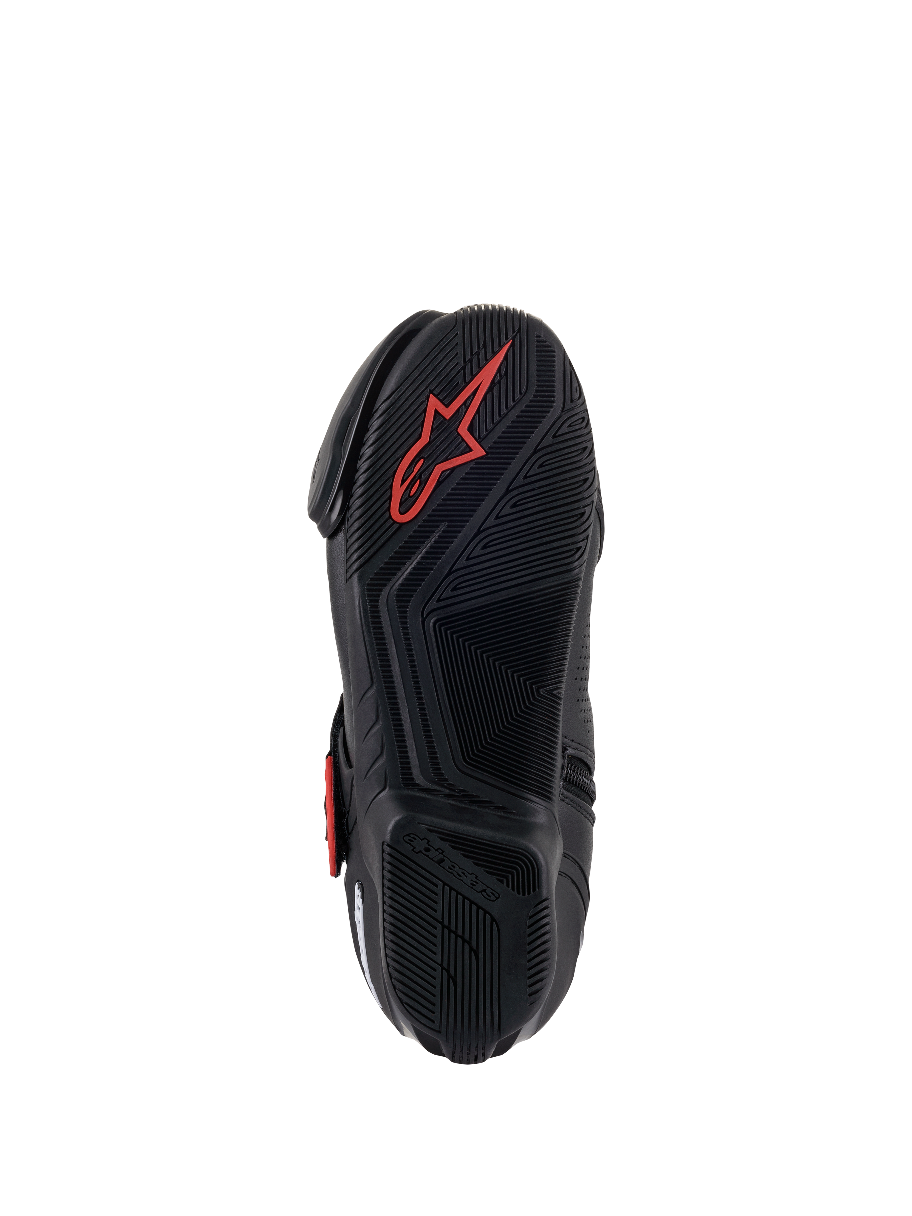 Alpinestars SMX-1 R V2 Belüftete Stiefel, Motorradschuh, Schwarz und Rot, Unteransicht der Gummimischungssohle mit texturierten Grip-Mustern und einem roten Astars-Logo