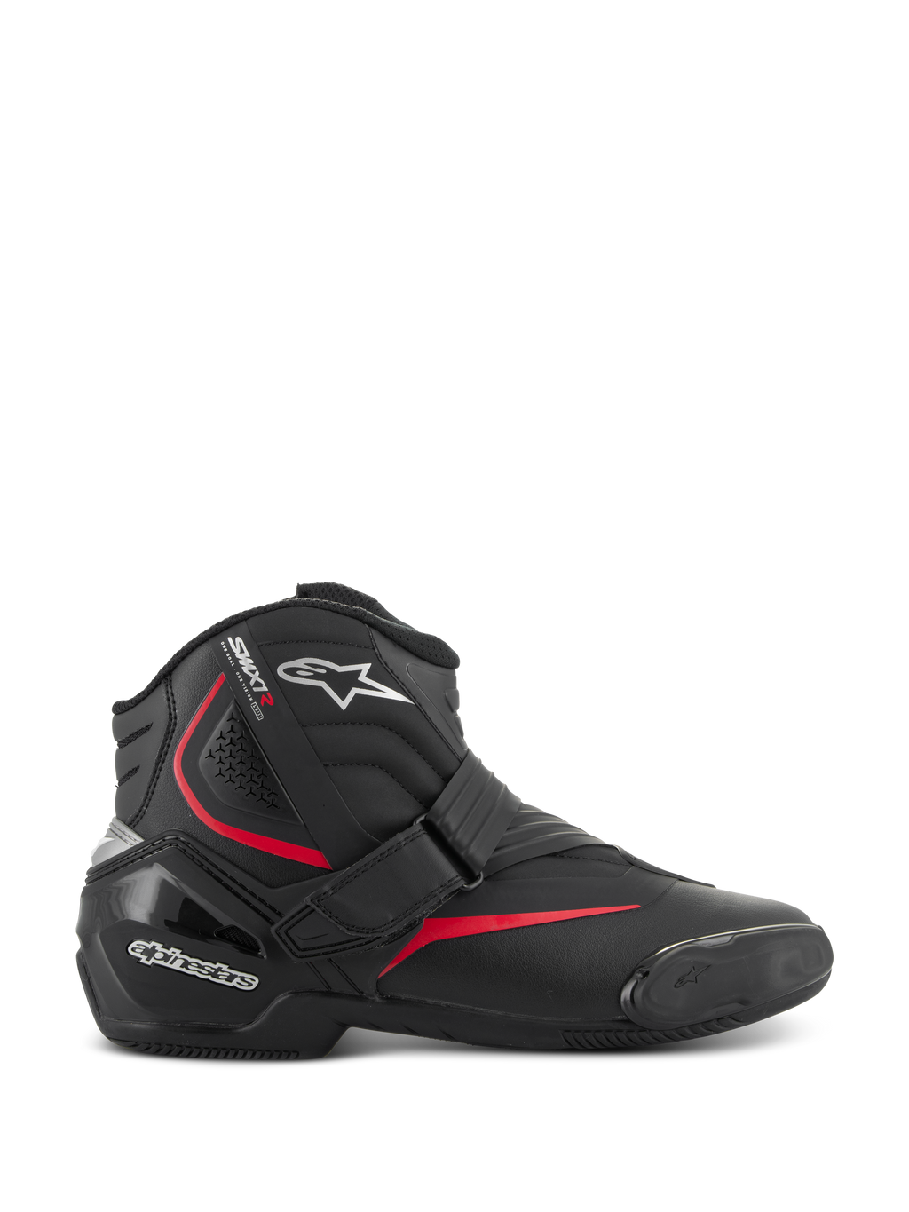 Alpinestars SMX-1 R V2 Stiefel, niedrig geschnittene Performance-Motorradstiefel, Schwarz mit roten und weißen Akzenten, sicherer Klettverschluss, verstärkte TPU-Fersenkappe und Knöchelschutz, Akkordeon-Flexzonen, strukturierte Gummisohle für sportliche Straßenfahrten