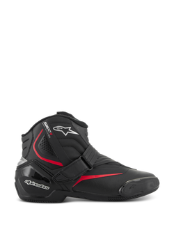 Alpinestars SMX-1 R V2 Boots, low-cut motorcycle performance riding boots, black with red and white accents, featuring a secure Velcro strap closure, reinforced TPU heel counter and ankle protection, accordion flex zones, and a textured rubber sole for sport road riding.