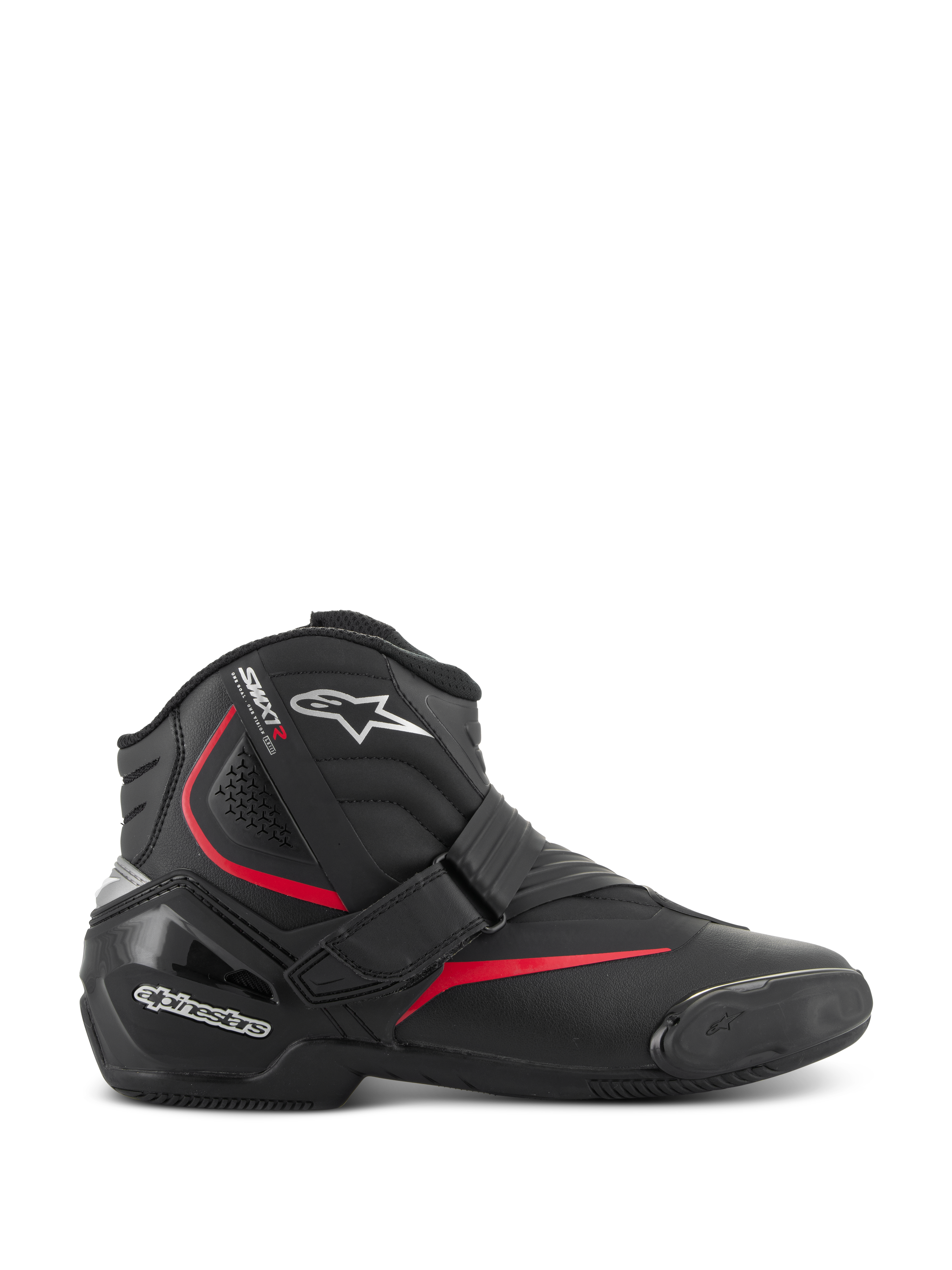 Alpinestars SMX-1 R V2 Stiefel, niedrig geschnittene Performance-Motorradstiefel, Schwarz mit roten und weißen Akzenten, sicherer Klettverschluss, verstärkte TPU-Fersenkappe und Knöchelschutz, Akkordeon-Flexzonen, strukturierte Gummisohle für sportliche Straßenfahrten