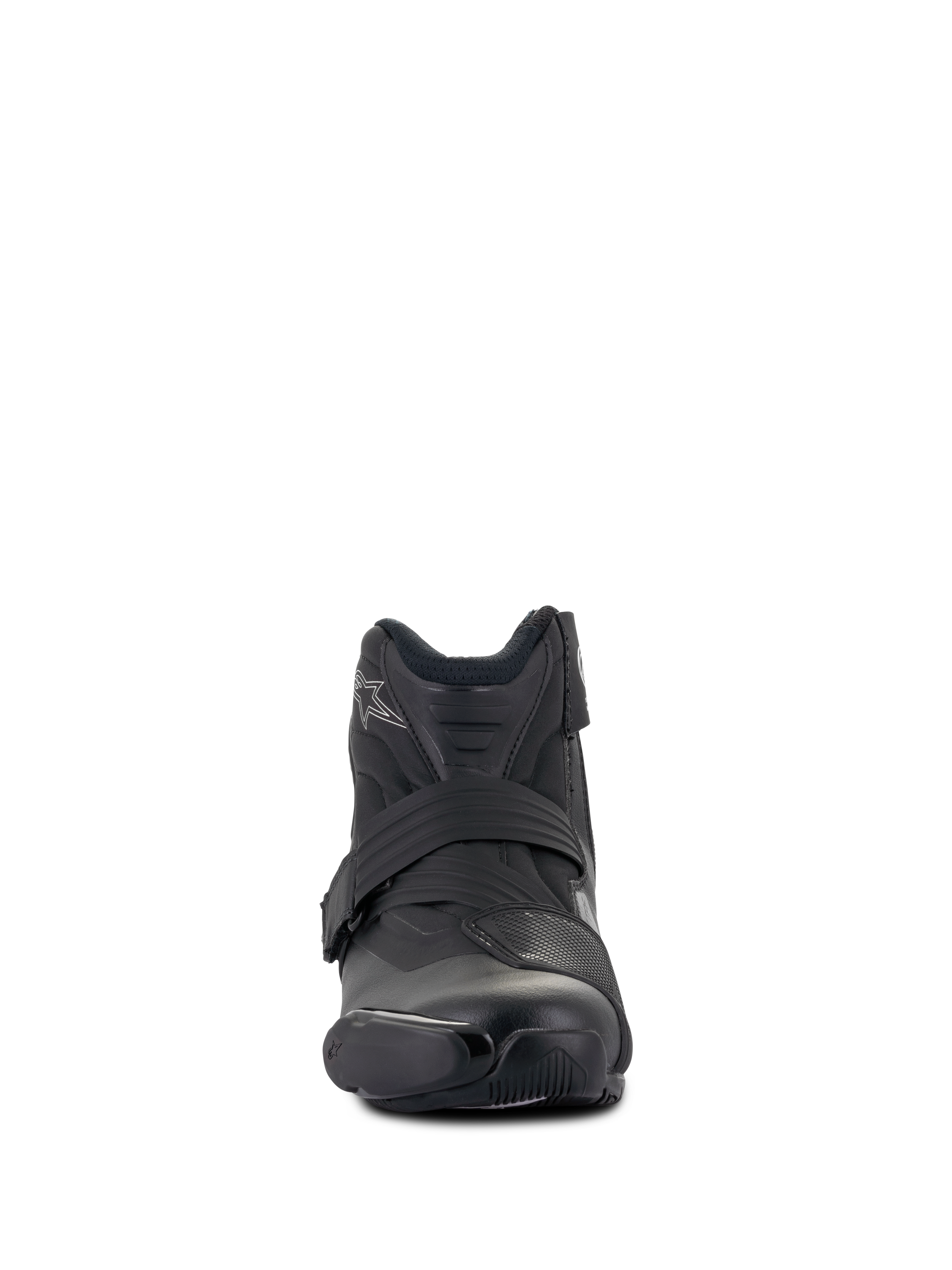 Alpinestars Women Stella SMX-1 R V2 Boots, low-cut performance motorcycle boot, Black, front-facing view, featuring microfiber upper, TPU shift pad, and ergonomic closure strap, sport-inspired design