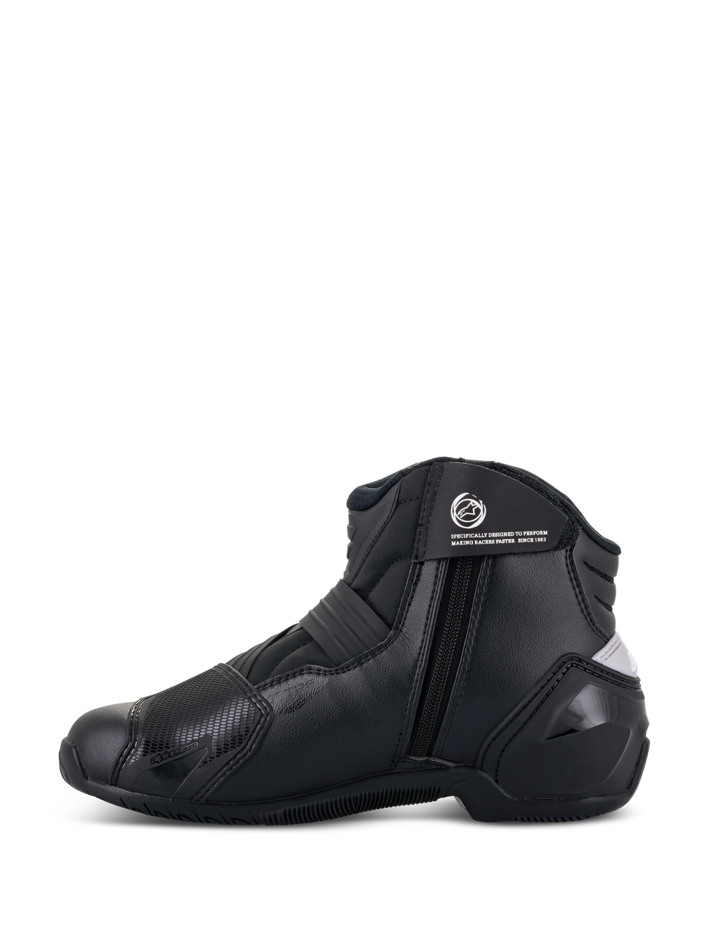 Alpinestars Women Stella SMX-1 R V2 Boots, Black, low-cut performance motorcycle riding boot, side profile view showing zipper closure, ankle strap with logo, and microfiber construction with TPU heel counter