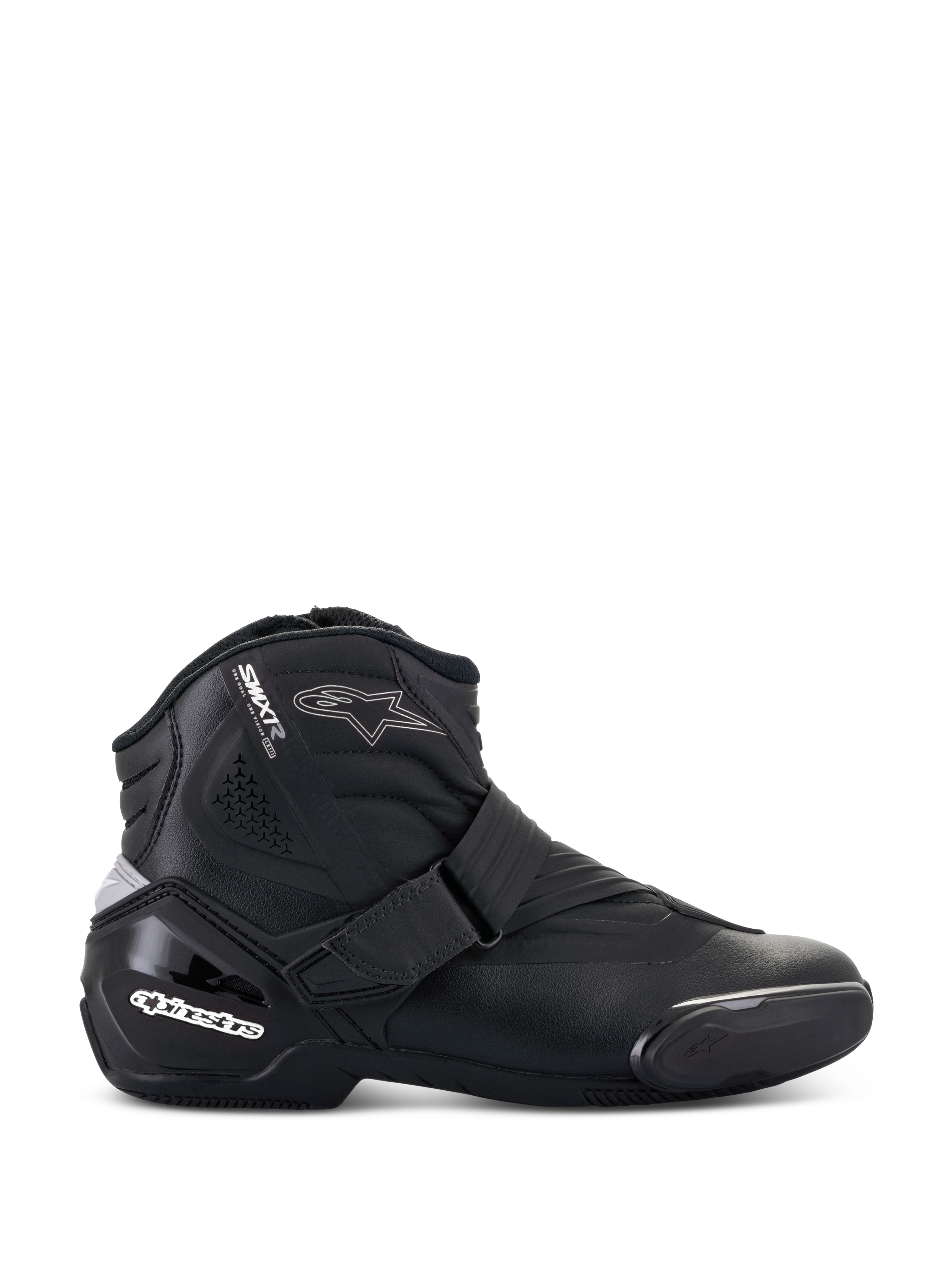 Alpinestars Stella SMX-1 R V2 Stiefel, Damen-Motorradschuh mit niedrigem Schaft, Schwarz, Seitenprofilansicht mit Mikrofaser-Konstruktion, verstellbarem Riemenverschluss, verstärkter TPU-Fersenkappe mit weißem Markenschriftzug, Stern-Logo und langlebiger Gummisohle.