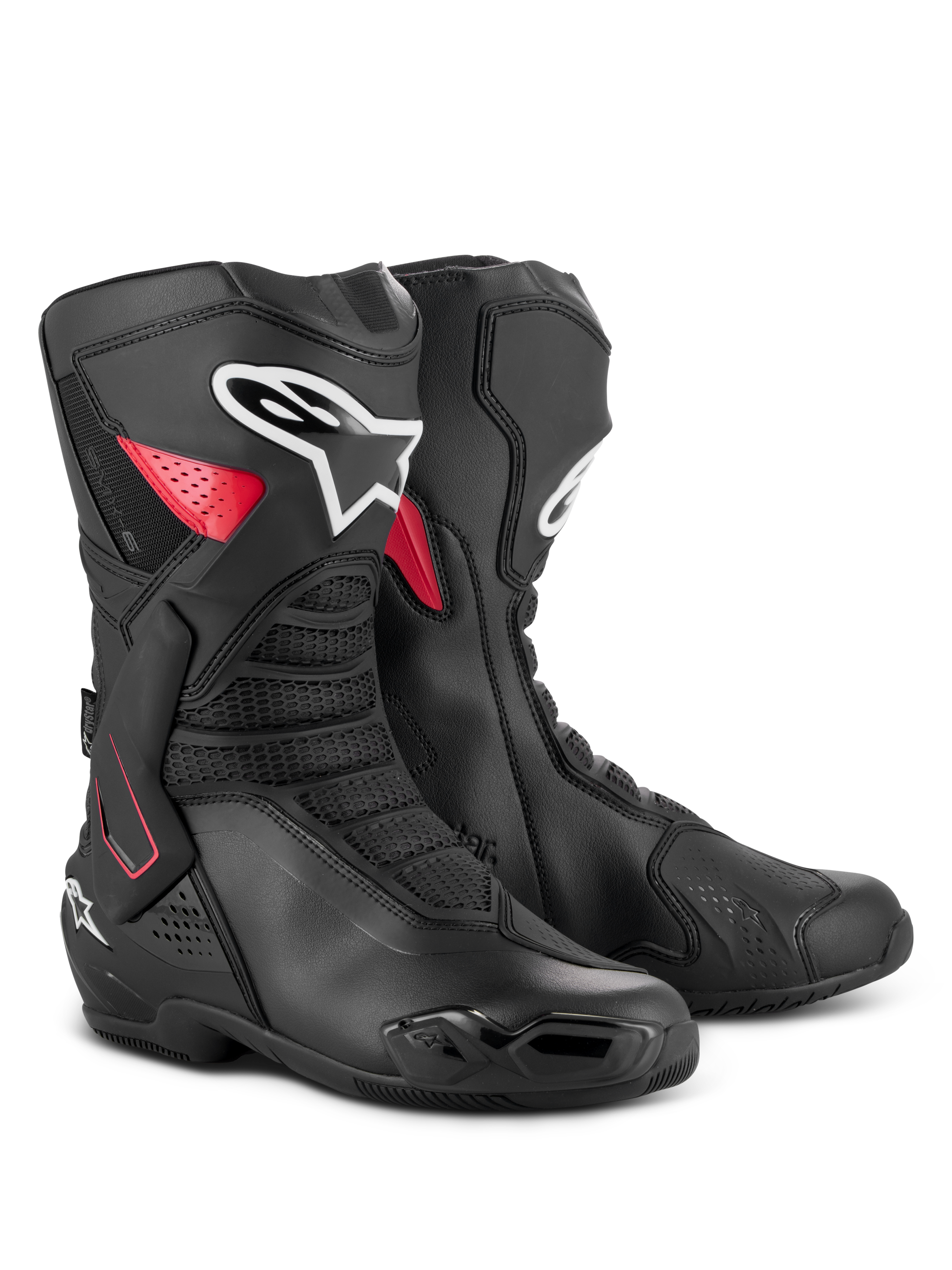 Alpinestars SMX-6 V3 Drystar Stiefel, wasserdichte Performance-Motorradstiefel, Schwarz und Rot, mit seitlicher TPU-Knöchelstütze, verstärkter Schienbeinplatte und Mikrofaser-Konstruktion für Rennstrecke und Straße