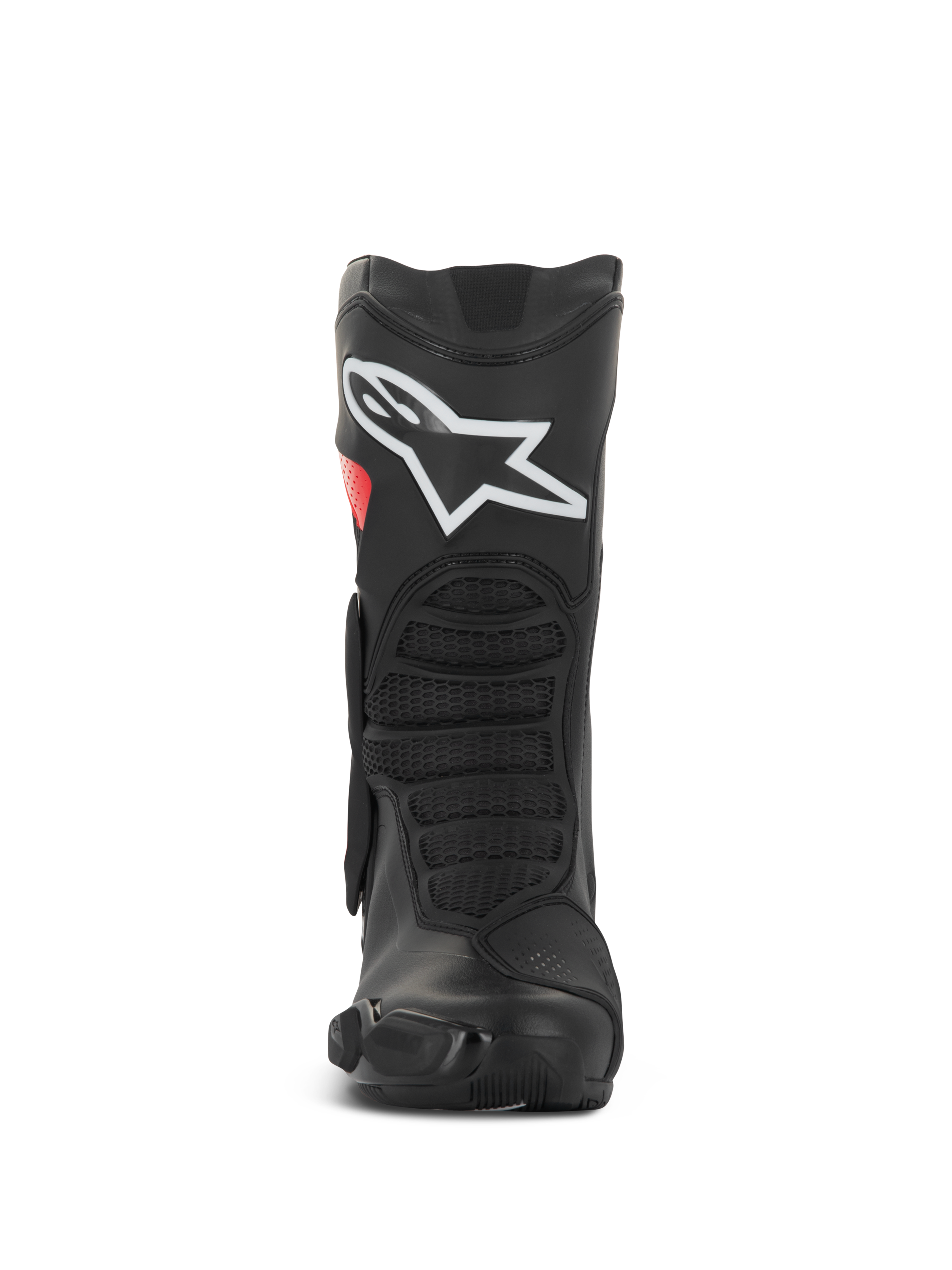 Alpinestars SMX-6 V3 Drystar® Stiefel, Performance-Motorradstiefel, Schwarz und Rot, Frontansicht mit großem weißem Logo am Schienbein, strukturierten vorderen Flexzonen und schlankem Schutzdesign