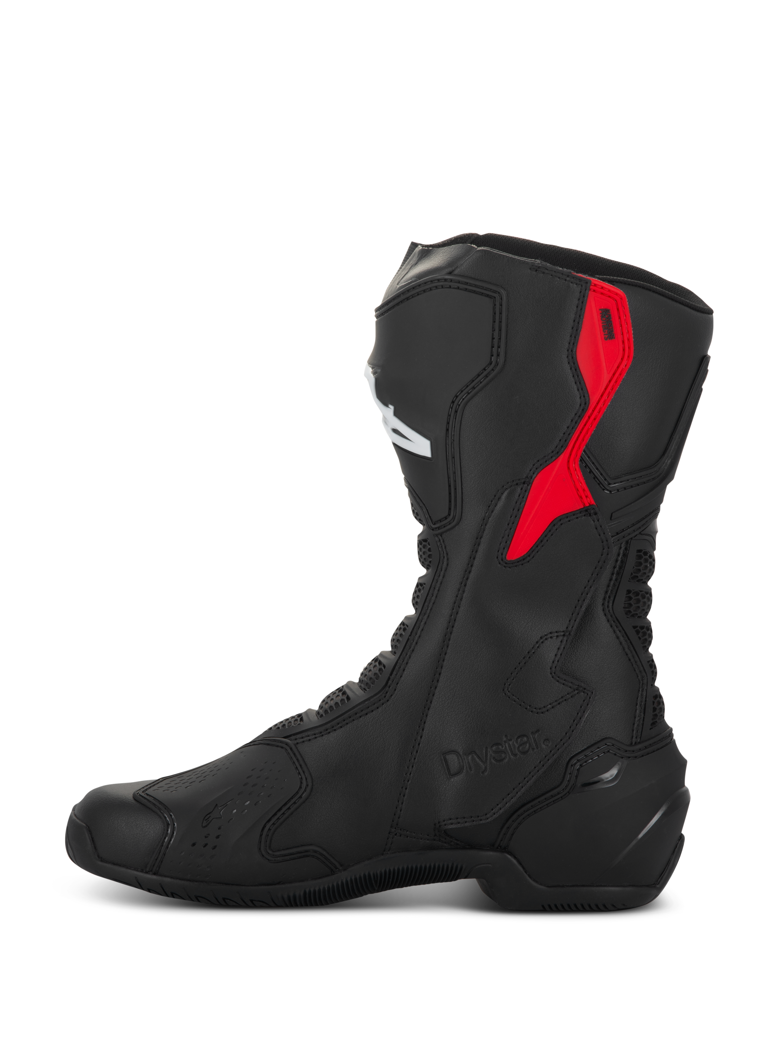 Alpinestars SMX-6 V3 Drystar Stiefel, Performance-Motorradstiefel, Schwarz und Rot, mit einem roten TPU-Wadenprotektor oben, geprägtem Drystar-Branding und eleganter Mikrofaser-Konstruktion, Seitenansicht