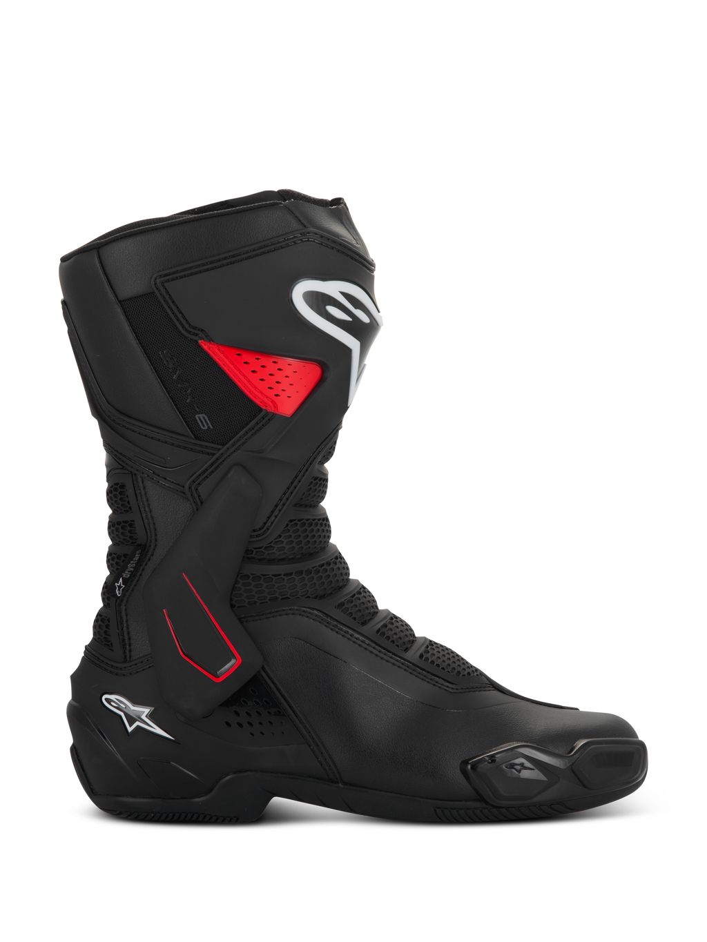 Alpinestars SMX-6 V3 Drystar Stiefel, Motorrad-Sportstiefel, schwarz mit roten und weißen Akzenten, Seitenansicht, wasserdichte Mikrofaser-Konstruktion, seitliche TPU-Knöchelstütze mit roten Details, weiße Logos an Schienbein und Ferse, integrierter Zehenschleifer und Mesh-Flexzonen