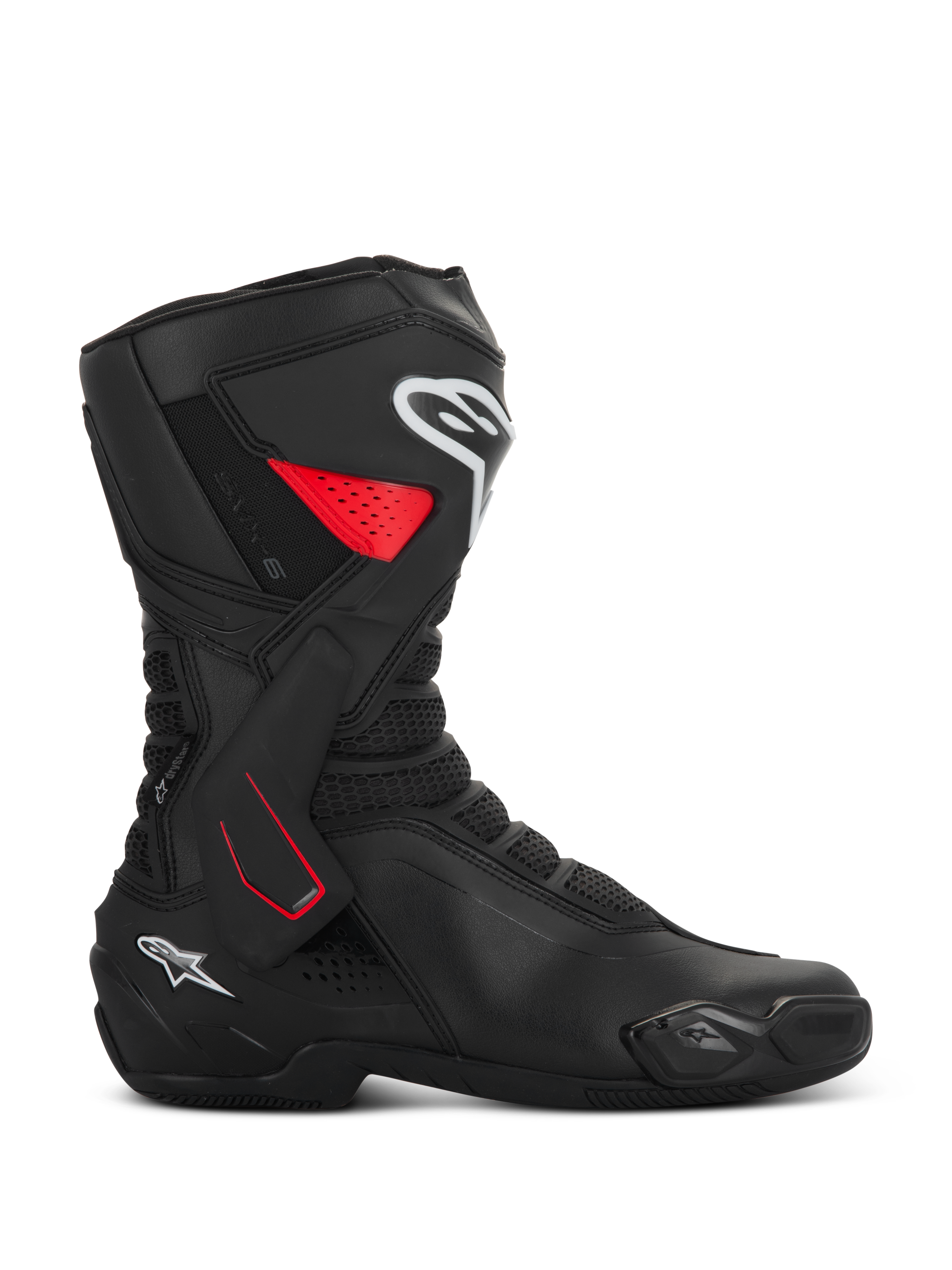 Alpinestars SMX-6 V3 Drystar Stiefel, Motorrad-Sportstiefel, schwarz mit roten und weißen Akzenten, Seitenansicht, wasserdichte Mikrofaser-Konstruktion, seitliche TPU-Knöchelstütze mit roten Details, weiße Logos an Schienbein und Ferse, integrierter Zehenschleifer und Mesh-Flexzonen