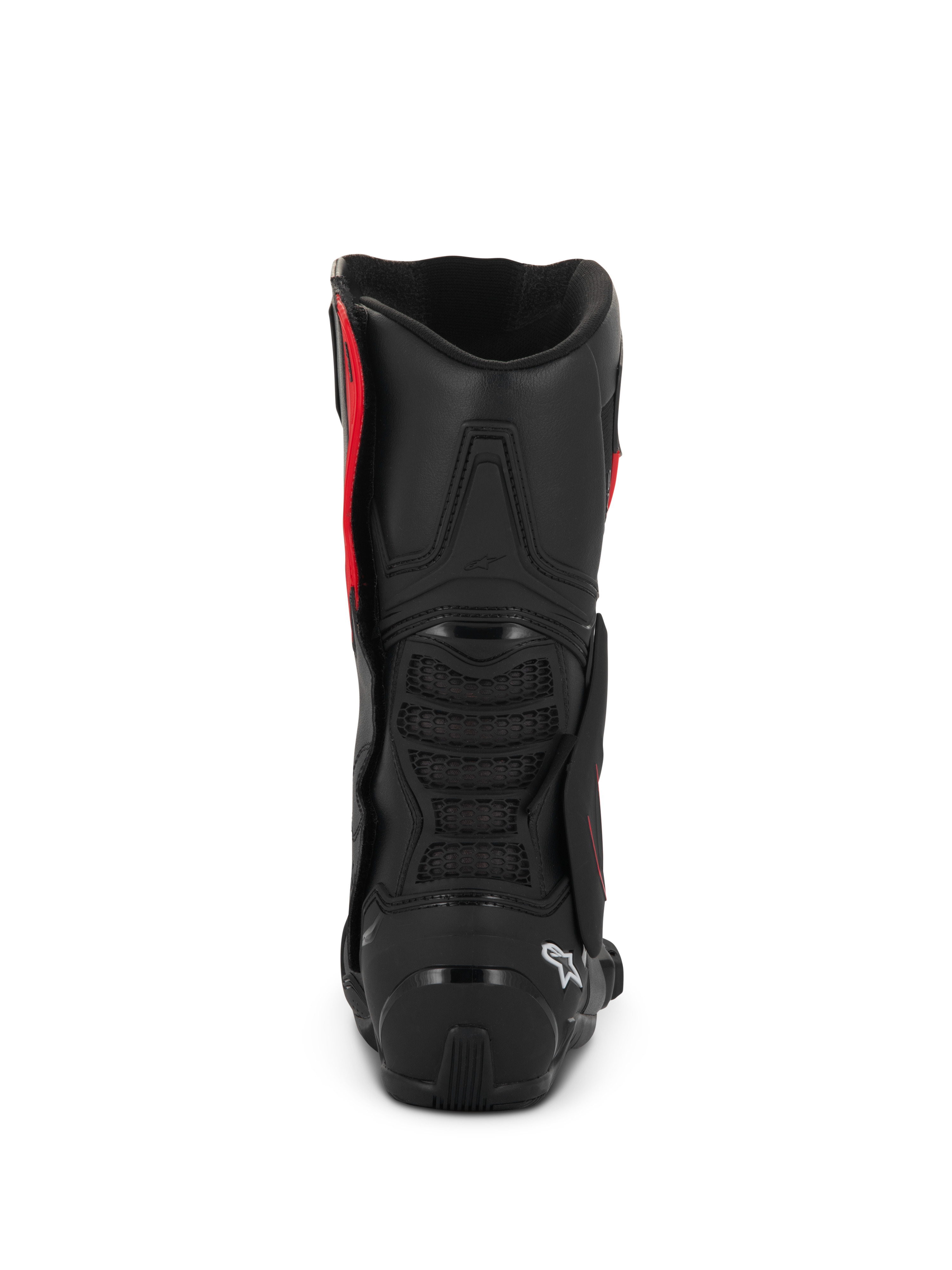 Alpinestars SMX-6 V3 Drystar® Stiefel, Schwarz und Rot, Rückansicht mit TPU-Fersenschale und Wadenschutz, Performance-Motorradstiefel mit wasserdichter Mikrofaser-Konstruktion