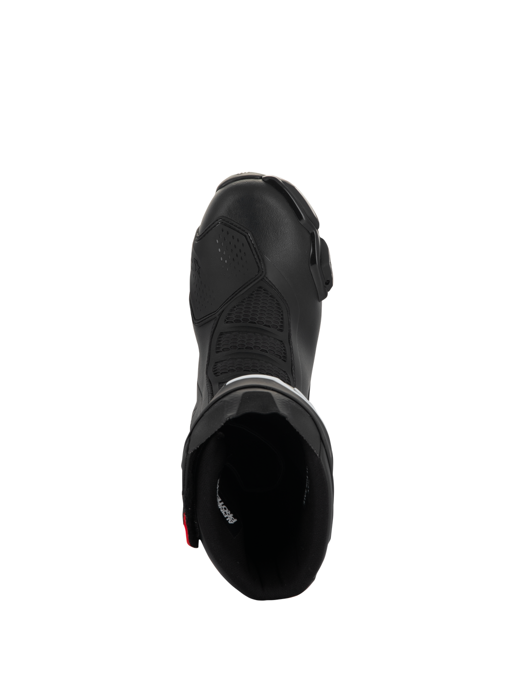 Alpinestars SMX-6 V3 Drystar Stiefel, Performance-Motorradstiefel, Schwarz mit roten Akzenten, Draufsicht mit Blick in die Stiefelöffnung, mit texturierten Flexzonen und Mikrofaser-Konstruktion