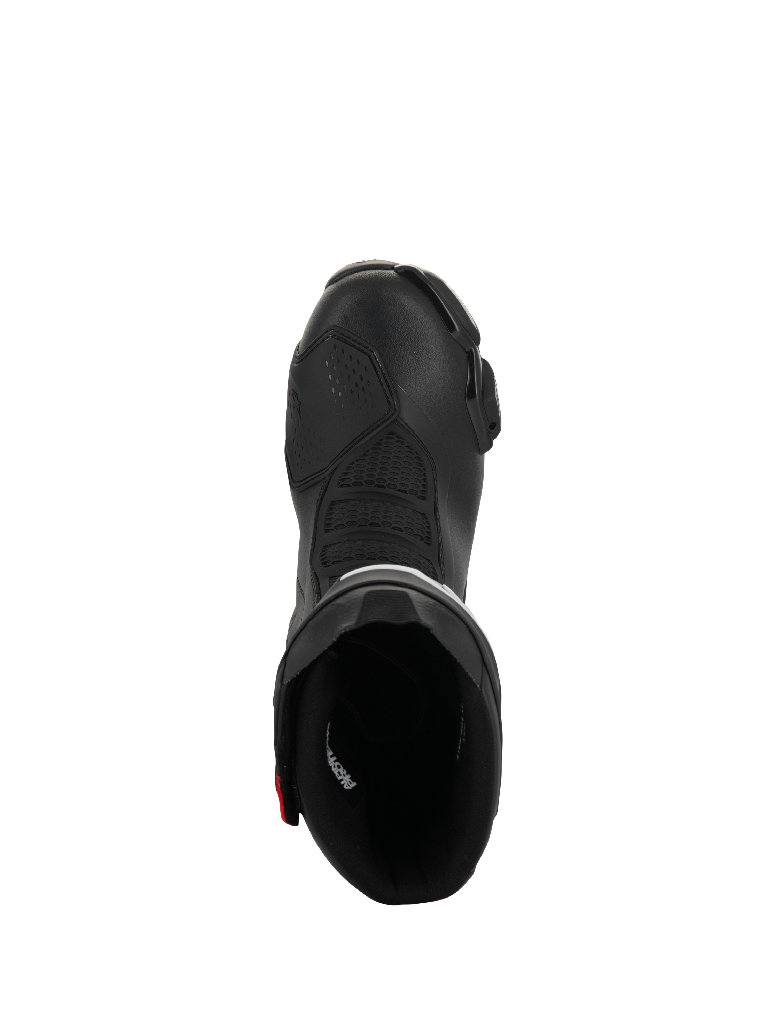 Alpinestars SMX-6 V3 Drystar Stiefel, Performance-Motorradstiefel, Schwarz mit roten Akzenten, Draufsicht mit Blick in die Stiefelöffnung, mit texturierten Flexzonen und Mikrofaser-Konstruktion