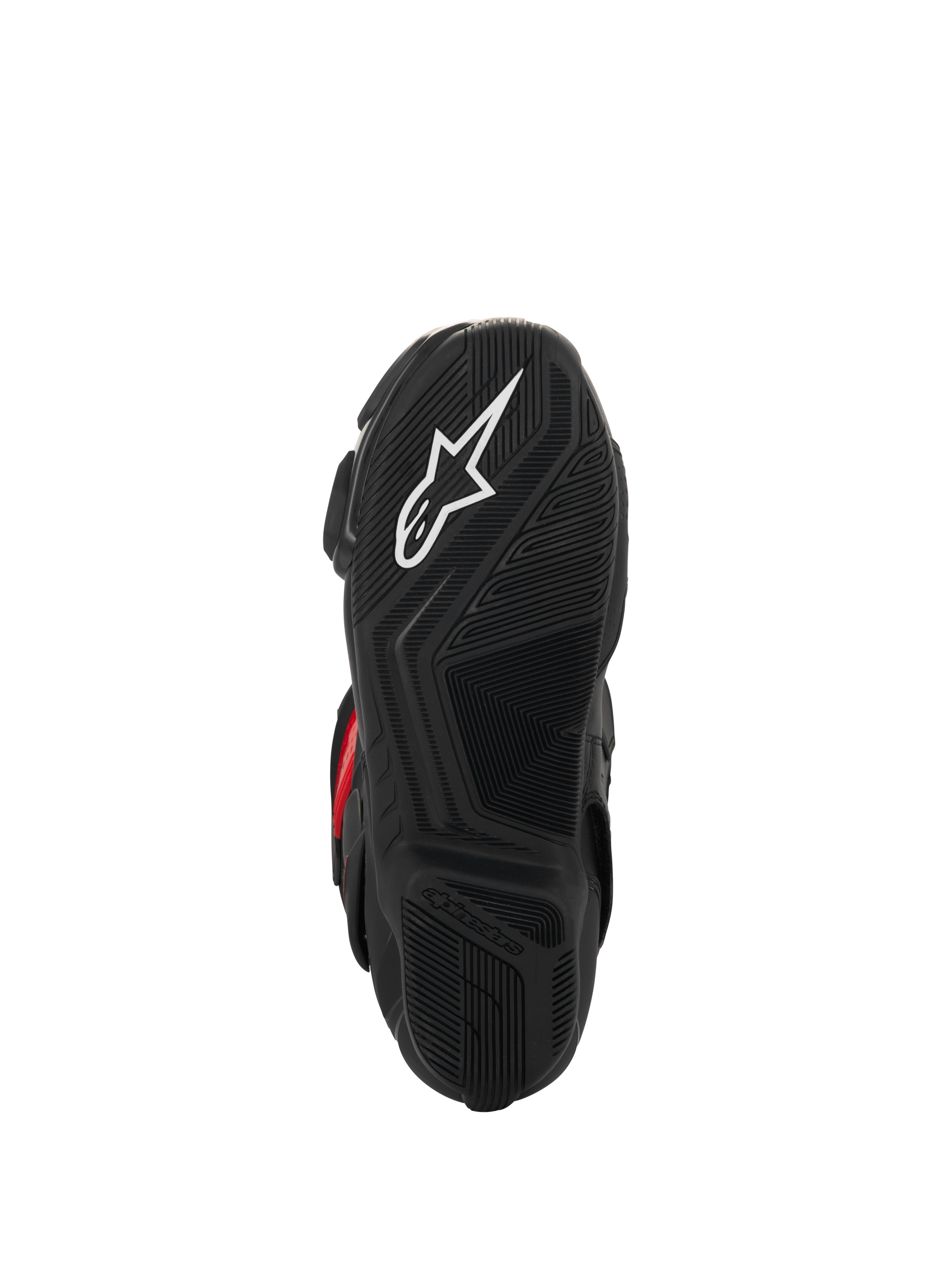 Alpinestars SMX-6 V3 Drystar® Stiefel, Sohlenansicht, schwarzer strukturierter Gummi für Griffigkeit, mit weißem Stern-Logo und geprägtem Alpinestars-Branding, Performance-Motorradstiefel