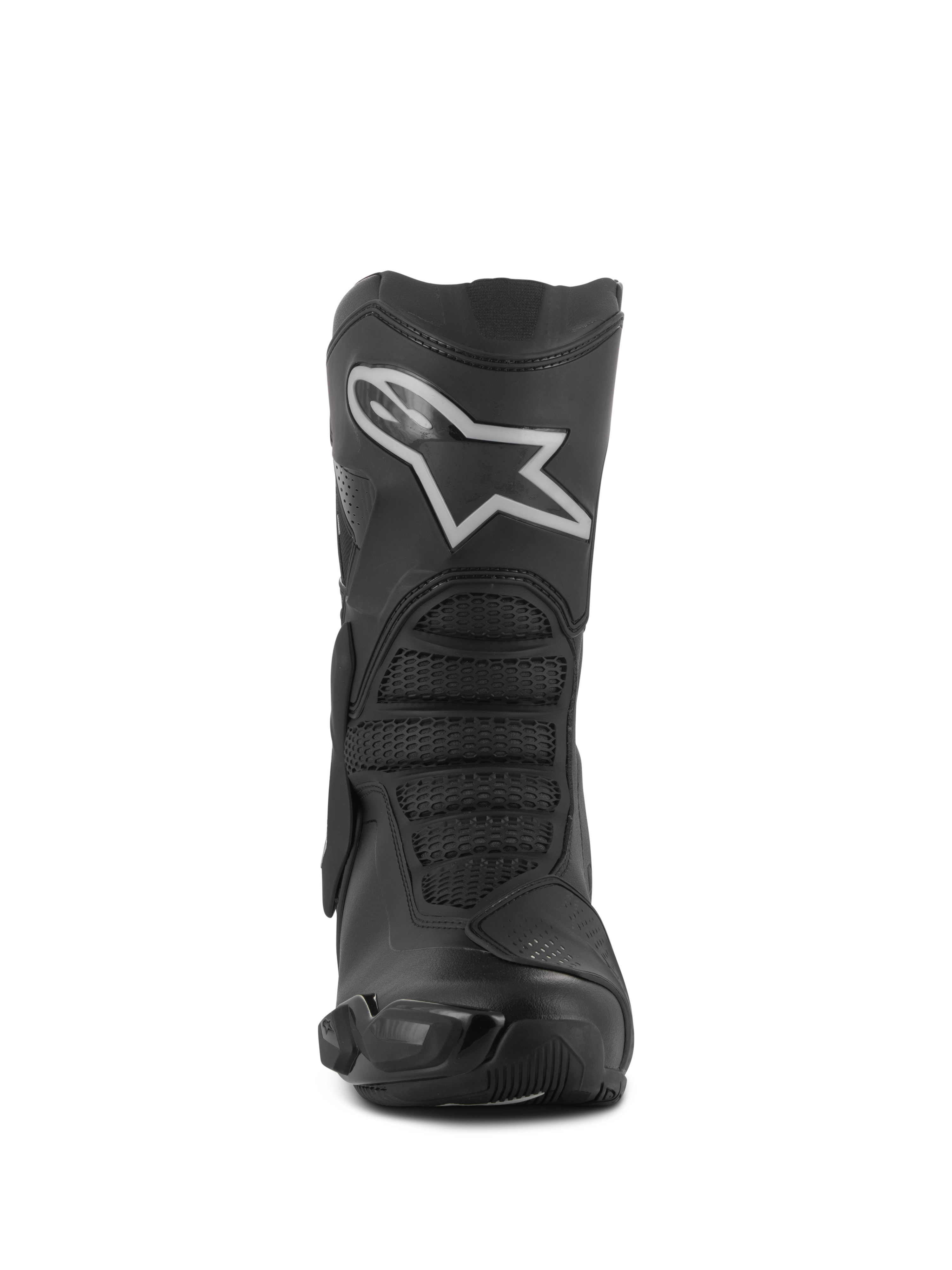 Alpinestars Stella SMX-6 V3 Drystar® Boots, Women's Motorcycle Riding Boots, Black and Silver, front view featuring a prominent white Astar logo on the shin plate, advanced microfiber construction with textured protective zones