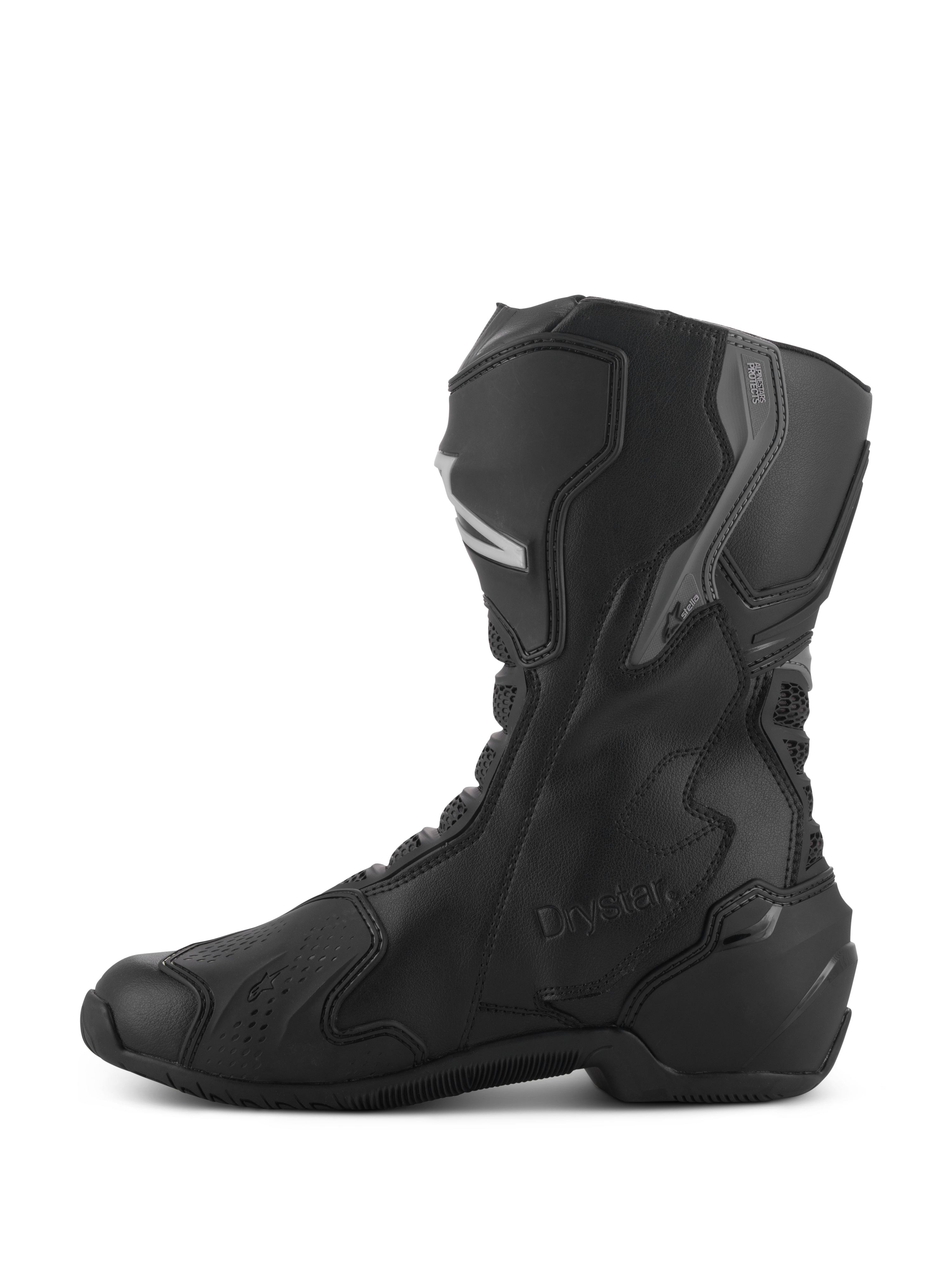 Alpinestars Stella SMX-6 V3 Drystar® Boots, Women's Waterproof Motorcycle Boots, Black and Silver, Side profile view featuring TPU shin and ankle protection, embossed Drystar logo, durable microfiber construction for sport and road riding.