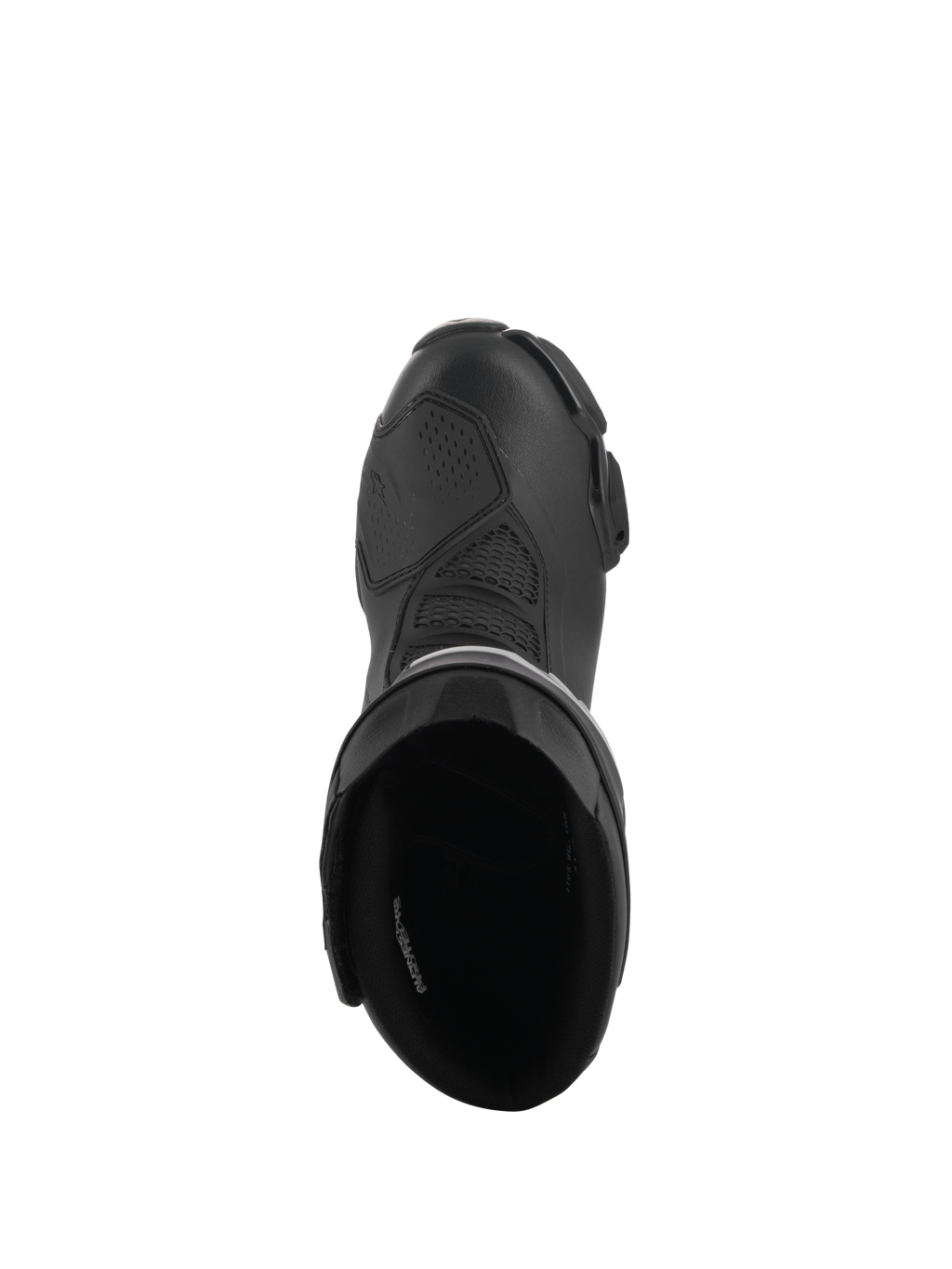 Alpinestars Stella SMX-6 V3 Drystar® Boots, Women's Performance Riding Boots, Black, top-down view showing the padded interior opening and the textured microfiber upper with a protective shifter pad