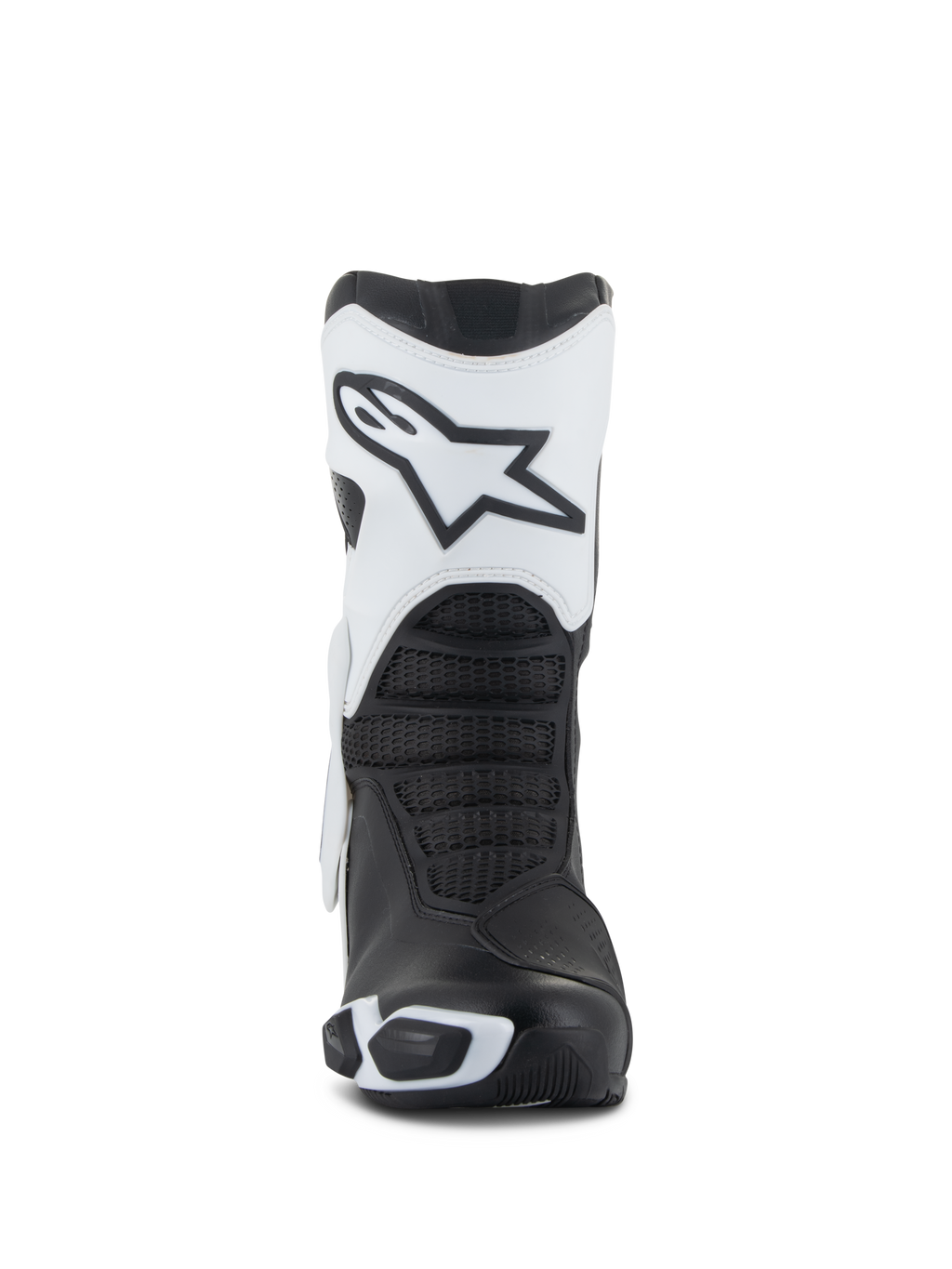 Alpinestars Stella SMX-6 V3 Drystar® Stiefel, Motorradstiefel für Damen, Weiß und Schwarz, Frontansicht mit der weißen Schienbeinplatte und dem Astars-Logo, schwarzen strukturierten Flex-Zonen und schützenden TPU-Elementen für Performance-Fahrten.