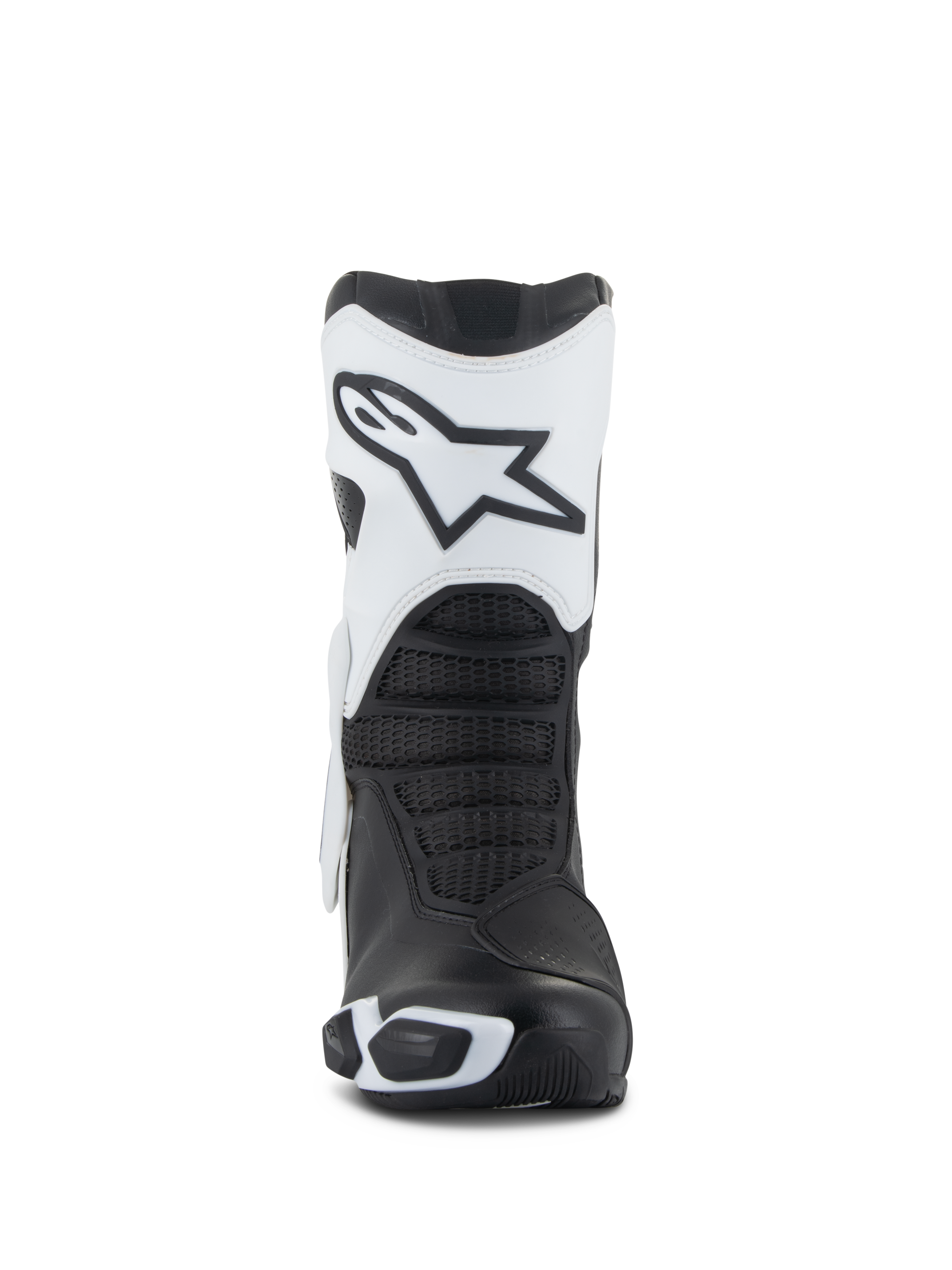Alpinestars Stella SMX-6 V3 Drystar® Stiefel, Motorradstiefel für Damen, Weiß und Schwarz, Frontansicht mit der weißen Schienbeinplatte und dem Astars-Logo, schwarzen strukturierten Flex-Zonen und schützenden TPU-Elementen für Performance-Fahrten.