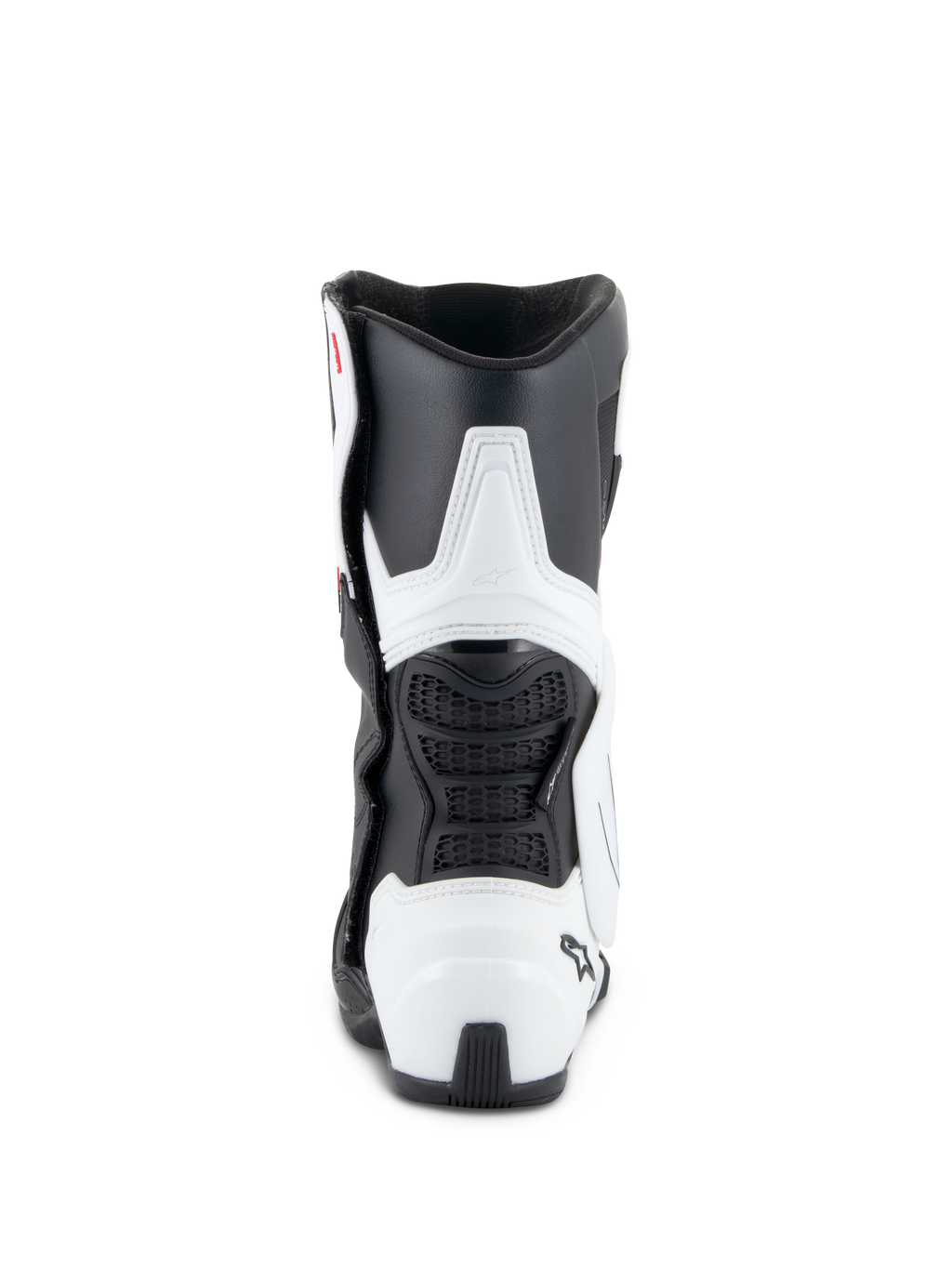 Alpinestars Stella SMX-6 V3 Drystar® Stiefel, Damen-Motorradstiefel, Weiß und Schwarz, Rückansicht mit TPU-Waden- und Fersenschutz, flexiblen schwarzen Mesh-Einsätzen und ergonomischem, aus dem Rennsport abgeleitetem Design.