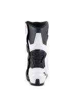 Alpinestars Stella SMX-6 V3 Drystar® Stiefel, Damen-Motorradstiefel, Weiß und Schwarz, Rückansicht mit TPU-Waden- und Fersenschutz, flexiblen schwarzen Mesh-Einsätzen und ergonomischem, aus dem Rennsport abgeleitetem Design.