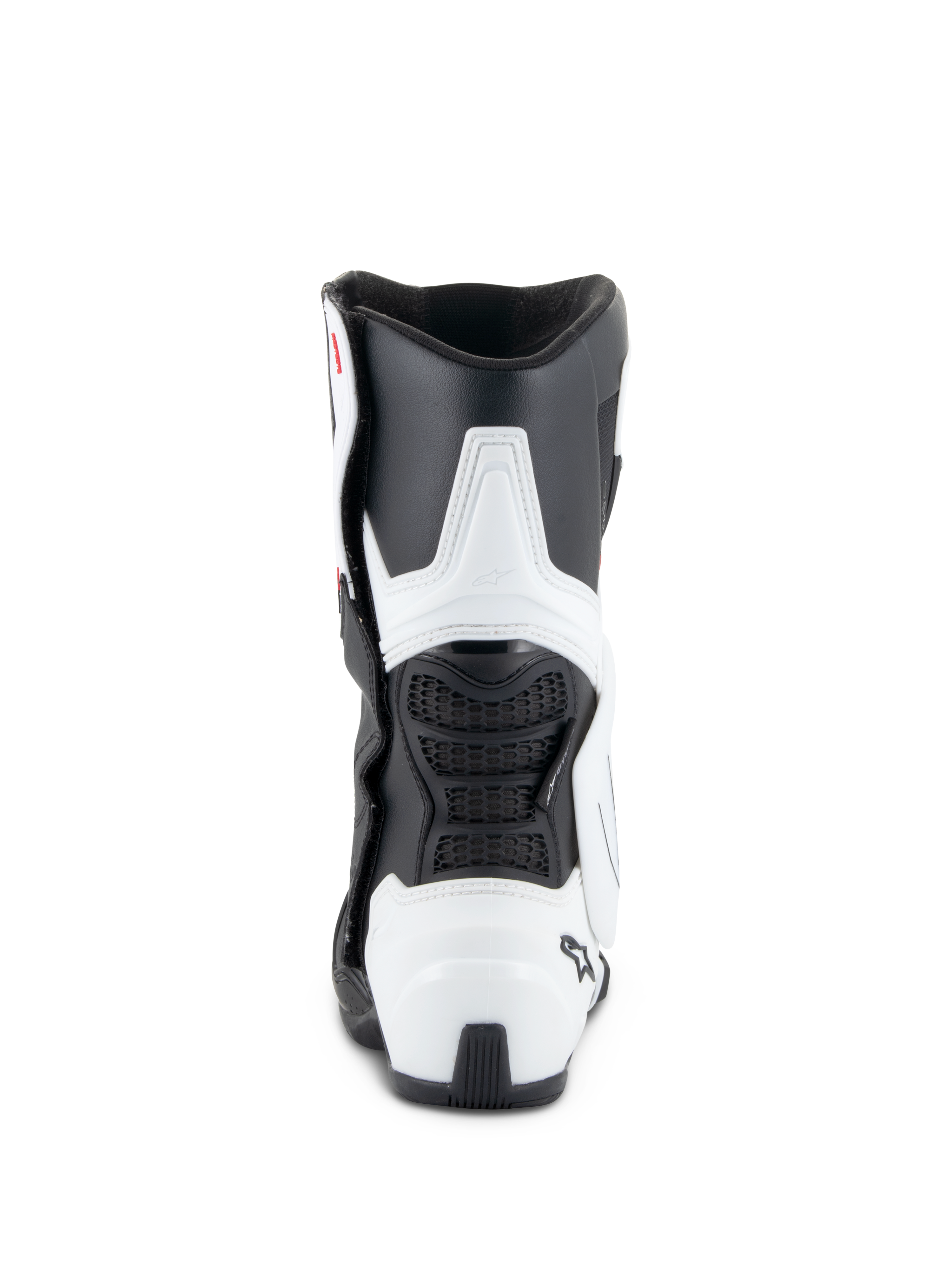 Alpinestars Stella SMX-6 V3 Drystar® Stiefel, Damen-Motorradstiefel, Weiß und Schwarz, Rückansicht mit TPU-Waden- und Fersenschutz, flexiblen schwarzen Mesh-Einsätzen und ergonomischem, aus dem Rennsport abgeleitetem Design.