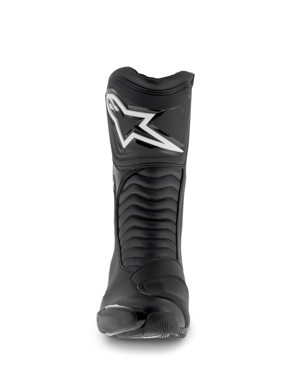 Alpinestars SMX S Waterproof Stiefel, Motorradstiefel, Schwarz, Vorderansicht mit weißem Astar-Logo auf der Schienbeinplatte, Akkordeon-Flex-Einsätzen und strapazierfähiger Mikrofaser-Konstruktion für Sport-Touring.
