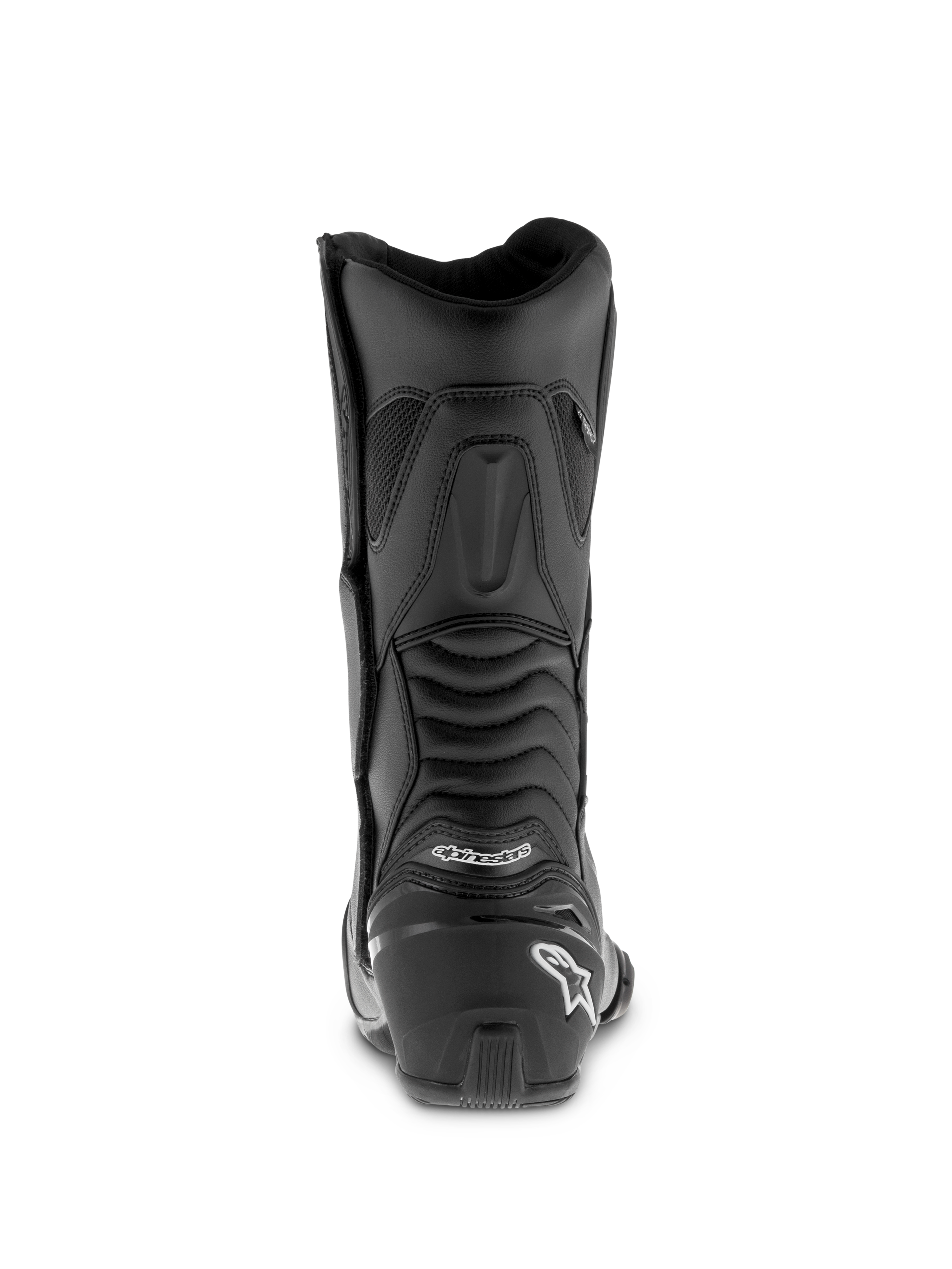 Alpinestars SMX S Waterproof Boots, schwarze Motorradstiefel, Rückansicht mit verstärkter Fersenkappe und weißem Logo, gerippte Akkordeon-Flex-Zonen für Knöchelbeweglichkeit, strapazierfähige Mikrofaser-Konstruktion für Sport-Touring.