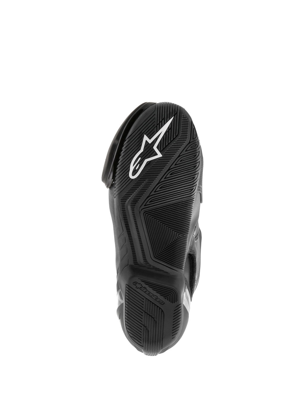 Alpinestars SMX S Waterproof Boots, Motorradstiefel, Schwarz, Ansicht der strukturierten Gummisohle mit weißem Astar-Logo und wasserverdrängendem Profilmuster