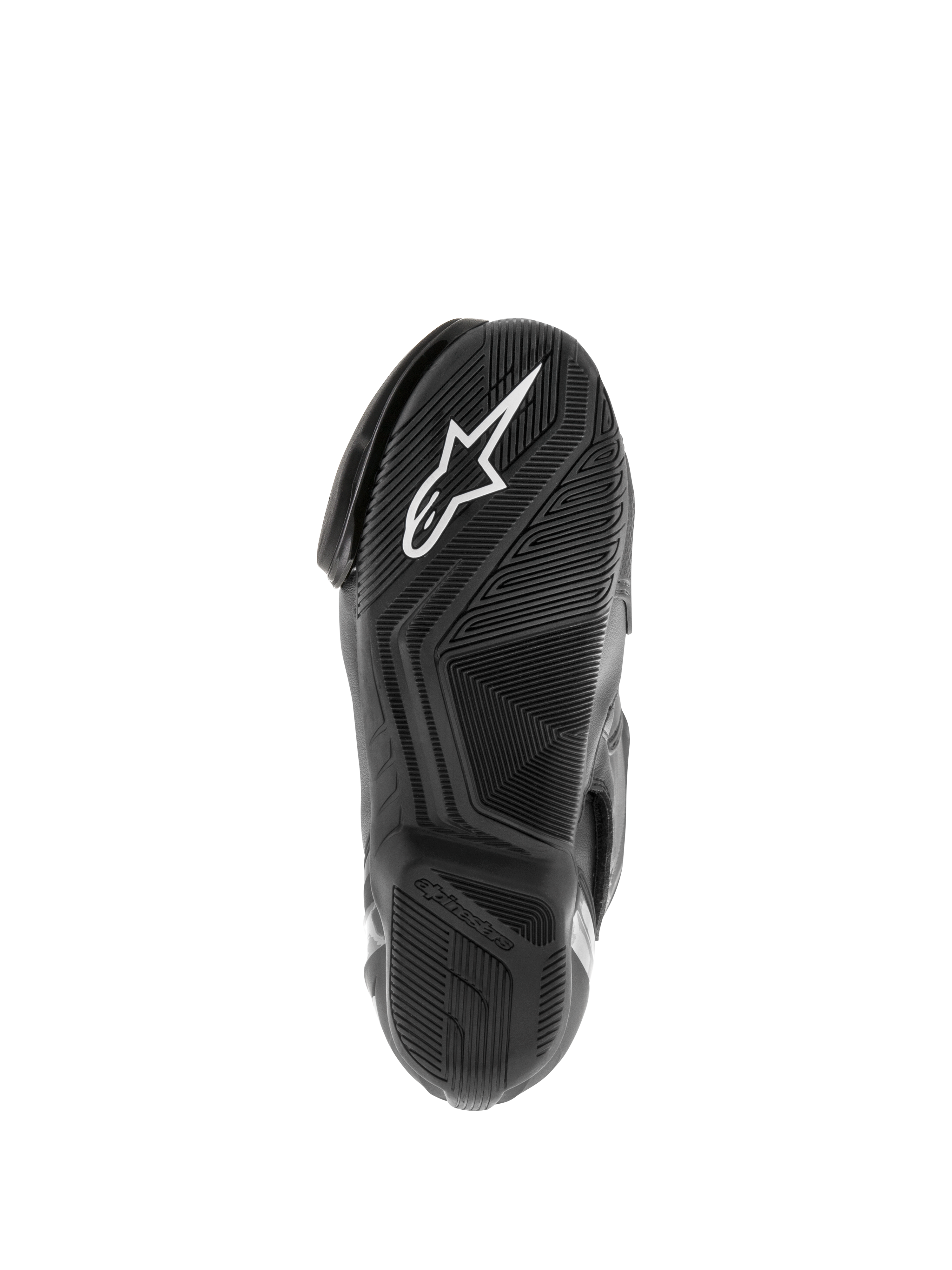 Alpinestars SMX S Waterproof Boots, Motorradstiefel, Schwarz, Ansicht der strukturierten Gummisohle mit weißem Astar-Logo und wasserverdrängendem Profilmuster