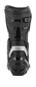 Alpinestars SMX Plus V2 GORE-TEX Boot, Rear View, Black and Silver, featuring Multi-Link Control system, TPU heel protector, and accordion stretch panels for motorcycle racing and touring