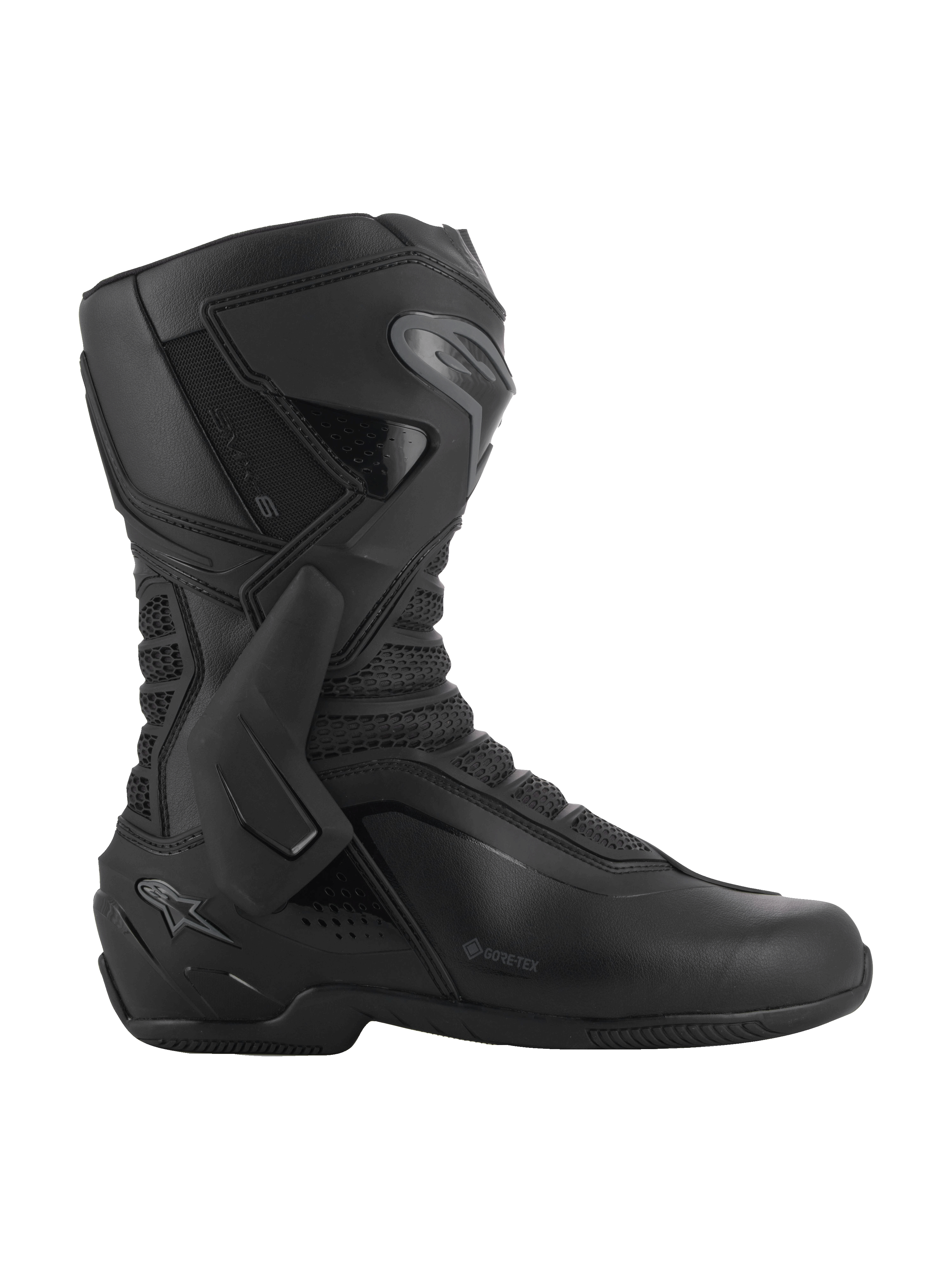 Alpinestars SMX-6 V3 GORE-TEX Stiefel, Schwarz und Dunkelgrau, wasserdichte Performance-Motorradstiefel, mit seitlicher TPU-Knöchelstütze und Schienbeinplatte, ergonomische Mikrofaser-Konstruktion mit 3D-Mesh-Einsätzen, GORE-TEX Logo an der Seite, spezialisiertes Schuhwerk für Rennstrecke und Straße
