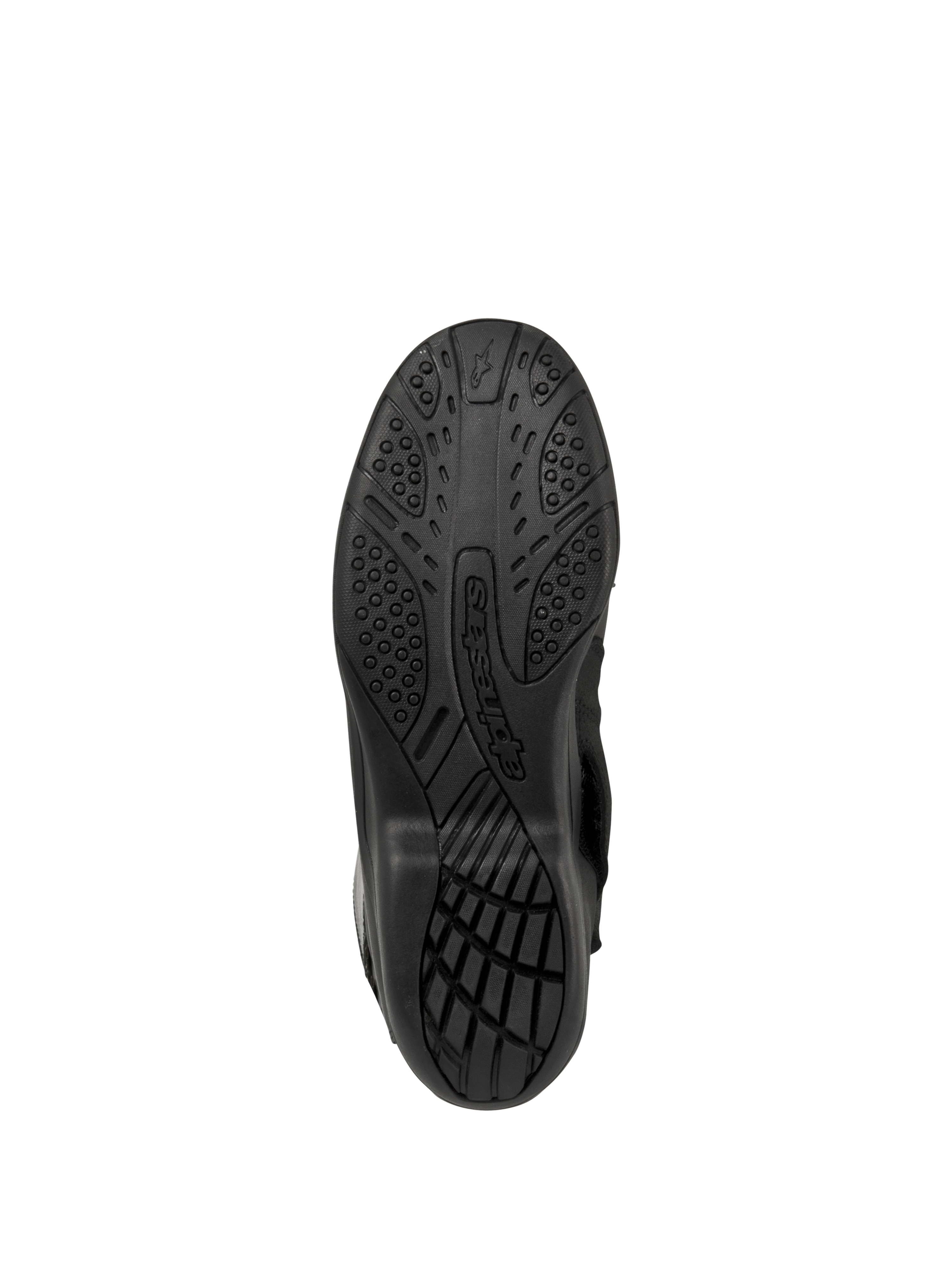 Alpinestars Web GORE-TEX Boots, Motorcycle Touring Boots, Black, Bottom view of the sole featuring textured rubber tread for grip and Alpinestars branding