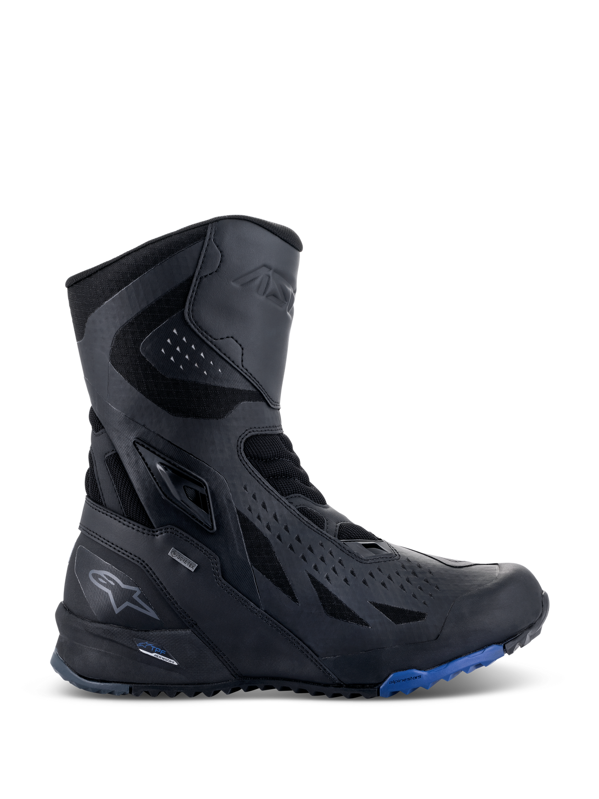 Alpinestars RT-8 GORE-TEX Stiefel, Motorrad-Touring-Stiefel, Schwarz mit blauen Sohlenakzenten, technisches High-Top-Design mit Obermaterial aus Mikrofaser und Textil, dreieckige Perforationen, GORE-TEX-Branding und robuste Sohle.