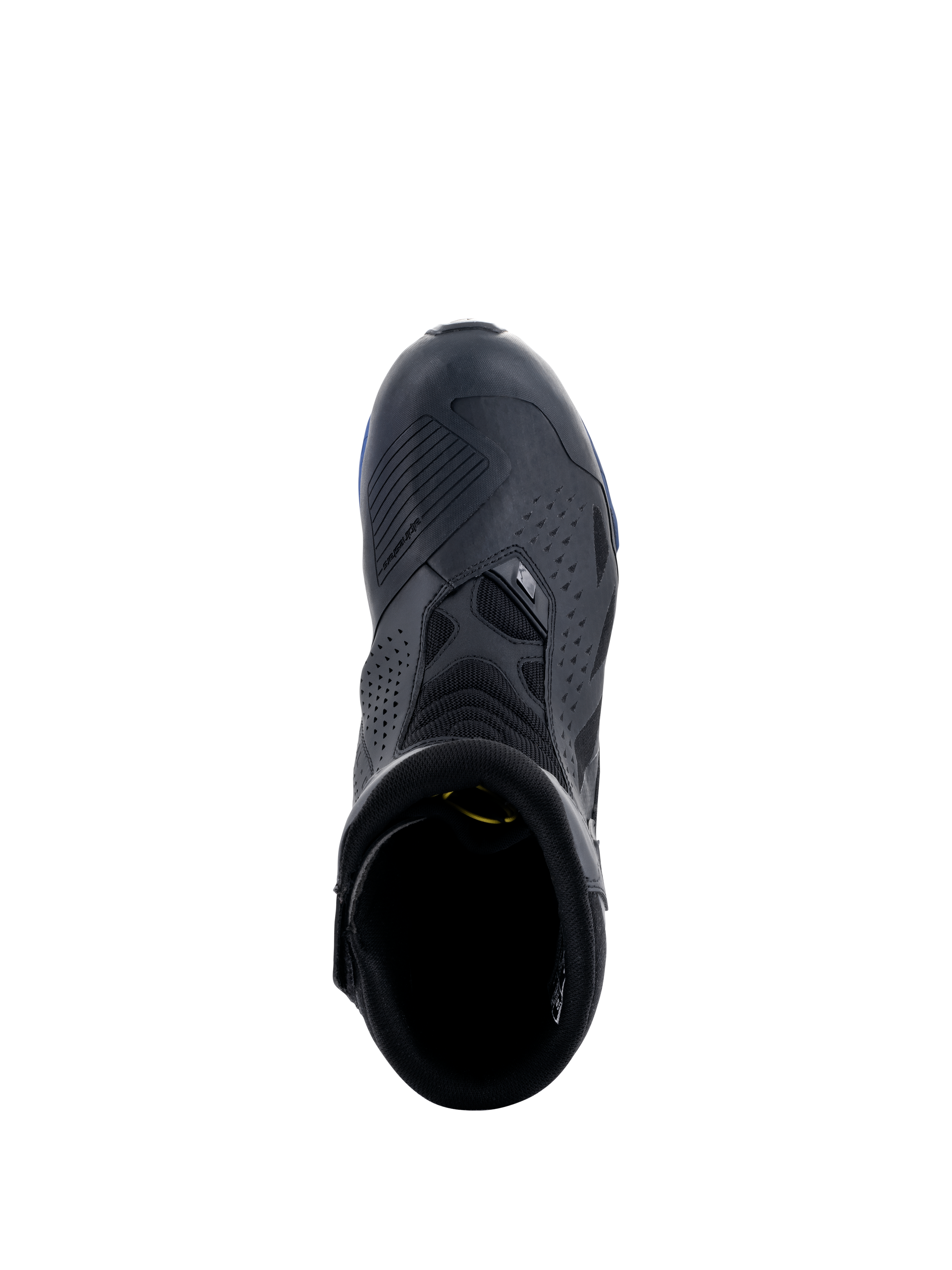Alpinestars RT-8 GORE-TEX Boots, Black and Blue, top-down view showing the shift pad, perforated microfiber panels, and blue sole accents, technical waterproof touring motorcycle footwear