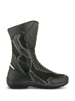 Alpinestars Air Plus V2 GORE-TEX Boots, Black Motorcycle Touring Boots, side view showing ventilated mesh and perforated leather construction, waterproof and breathable design, reinforced protection areas, sturdy rubber sole, GORE-TEX branding detail