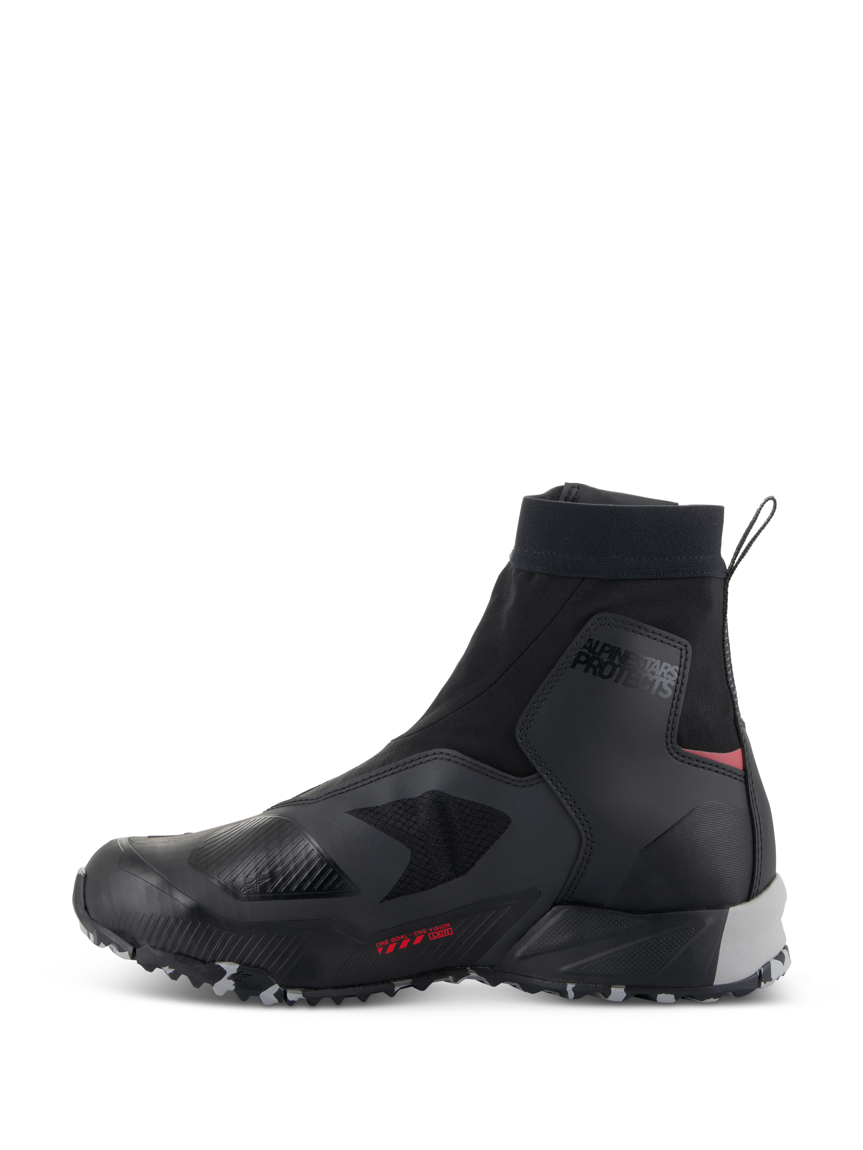 Alpinestars CR-8 GORE-TEX Shoes, Waterproof Riding Shoes, Black Mid Gray and Bright Red, side profile view featuring a sleek black textile upper, high-cut elasticated collar, 'ALPINESTARS PROTECTS' ankle branding, mid-gray heel support, and bright red accents.