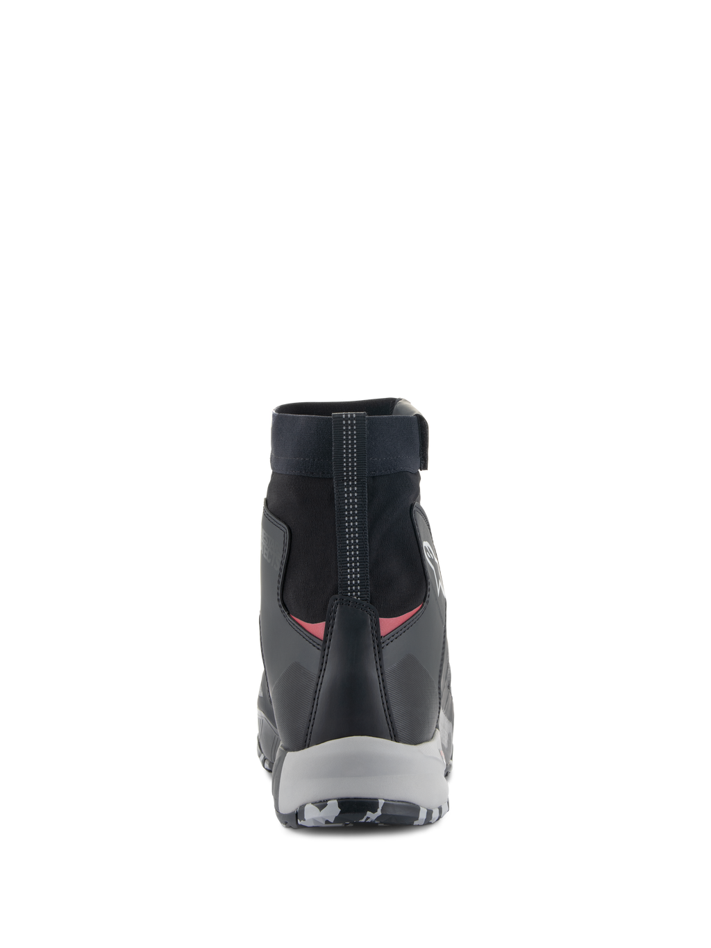Alpinestars CR-8 GORE-TEX Shoes, Waterproof Riding Shoes, Black Mid Gray and Bright Red, rear view highlighting high-cut elasticated collar, reinforced heel counter, and gray midsole.