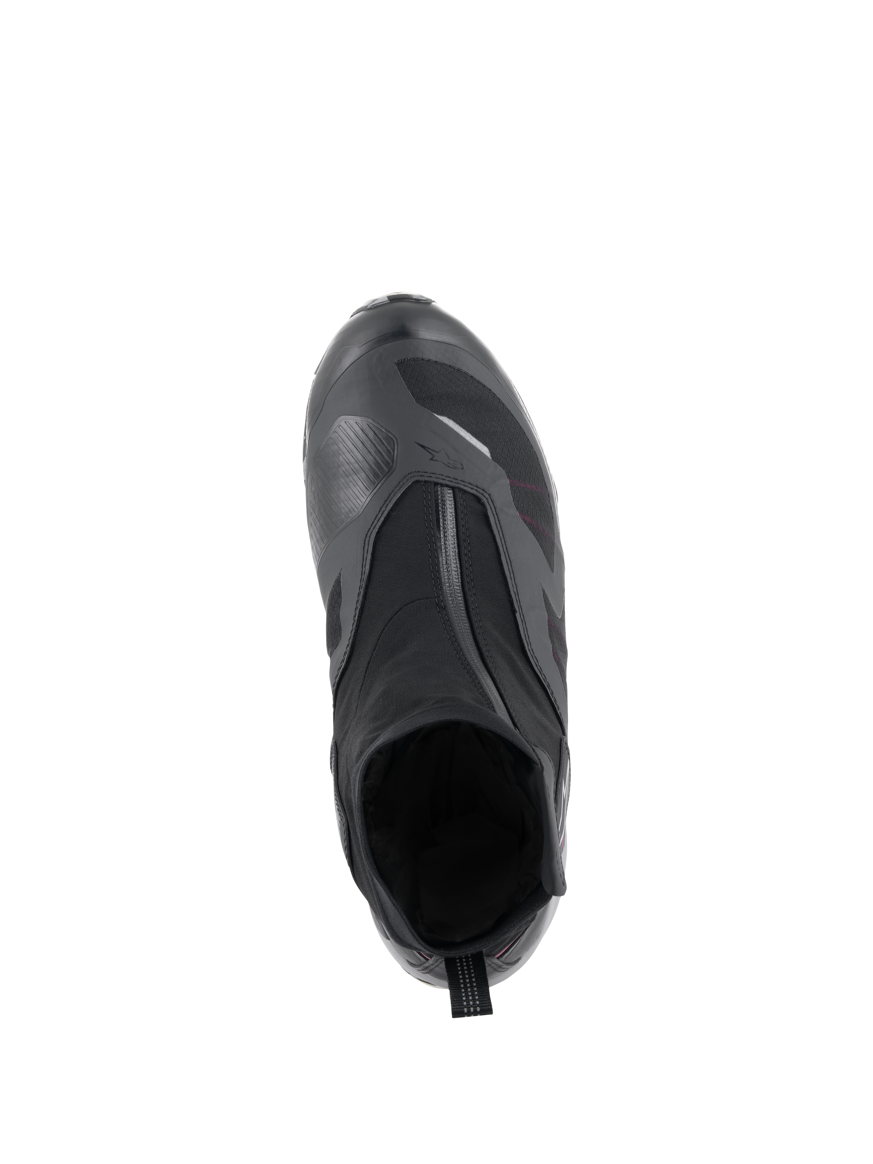 Alpinestars CR-8 GORE-TEX Shoe in Black, Mid Gray, and Bright Red, top-down view showing the angled waterproof zipper, internal bootie construction, and textured shifter pad for all-weather motorcycle touring.