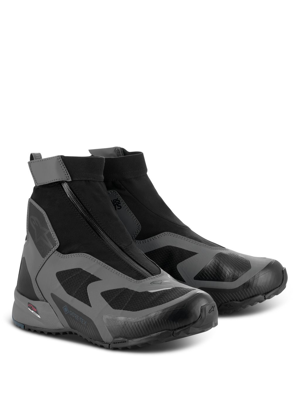 Alpinestars CR-8 GORE-TEX Schuhe, Motorradschuhe, Schwarz, Dunkelgrau und Petrolblau, mit hochgeschnittenem wasserdichtem Design, schrägem Reißverschluss und GORE-TEX-Branding.