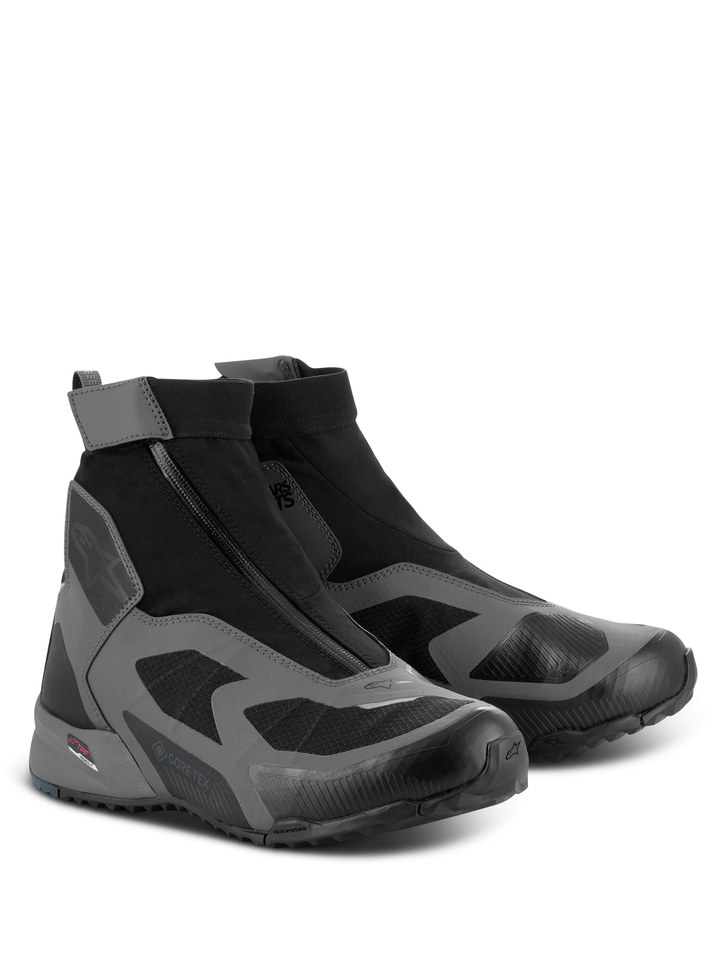 Alpinestars CR-8 GORE-TEX Schuhe, Motorradschuhe, Schwarz, Dunkelgrau und Petrolblau, mit hochgeschnittenem wasserdichtem Design, schrägem Reißverschluss und GORE-TEX-Branding.