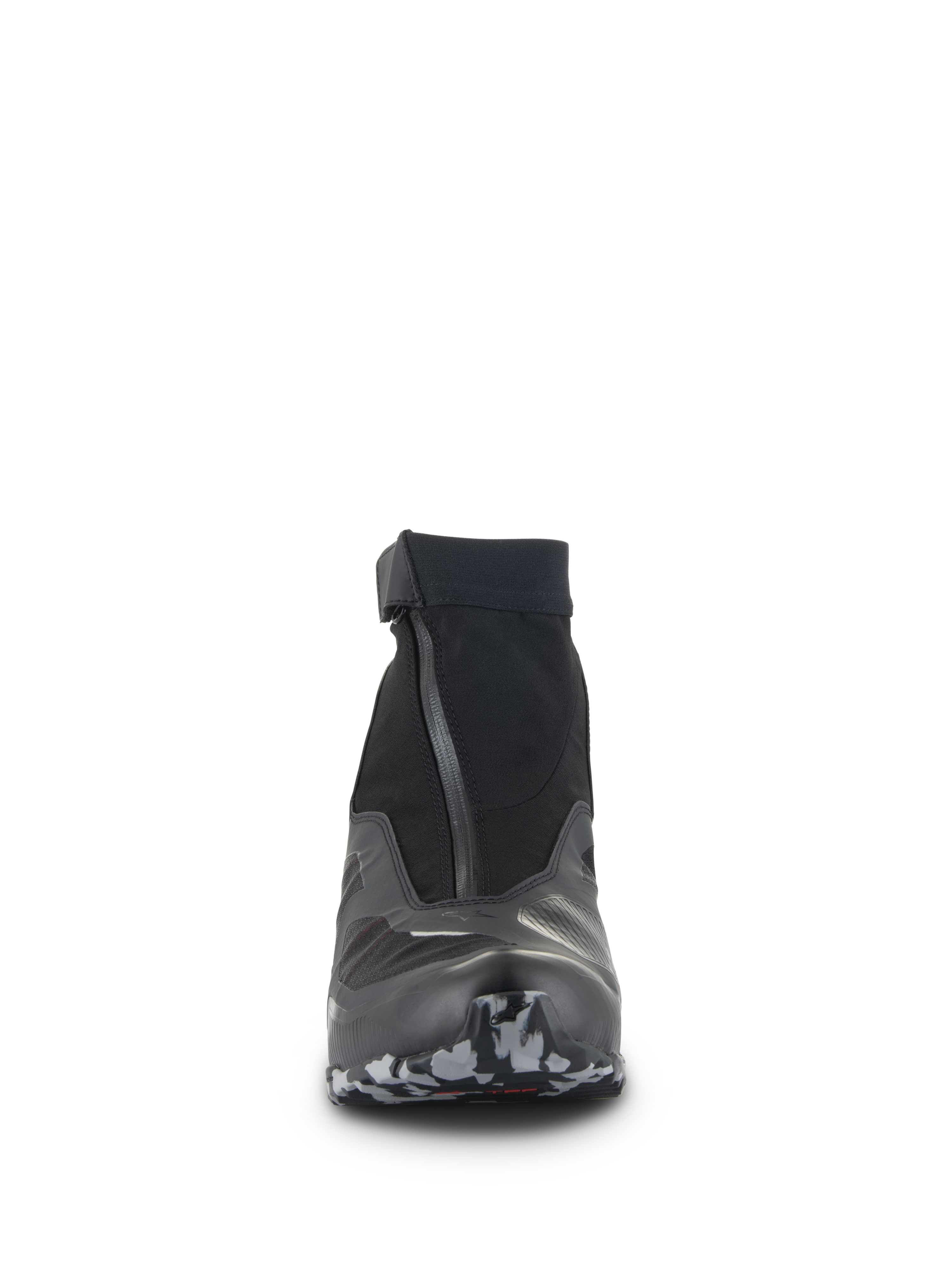 Alpinestars CR-8 GORE-TEX Schuhe, Frontansicht, Schwarz und Dunkelgrau, hoch geschnittener Motorradschuh mit schrägem wasserdichtem Reißverschluss, elastischem Schaftabschluss und strukturierter Sohlenspitze, technisches Adventure-Touren-Schuhwerk