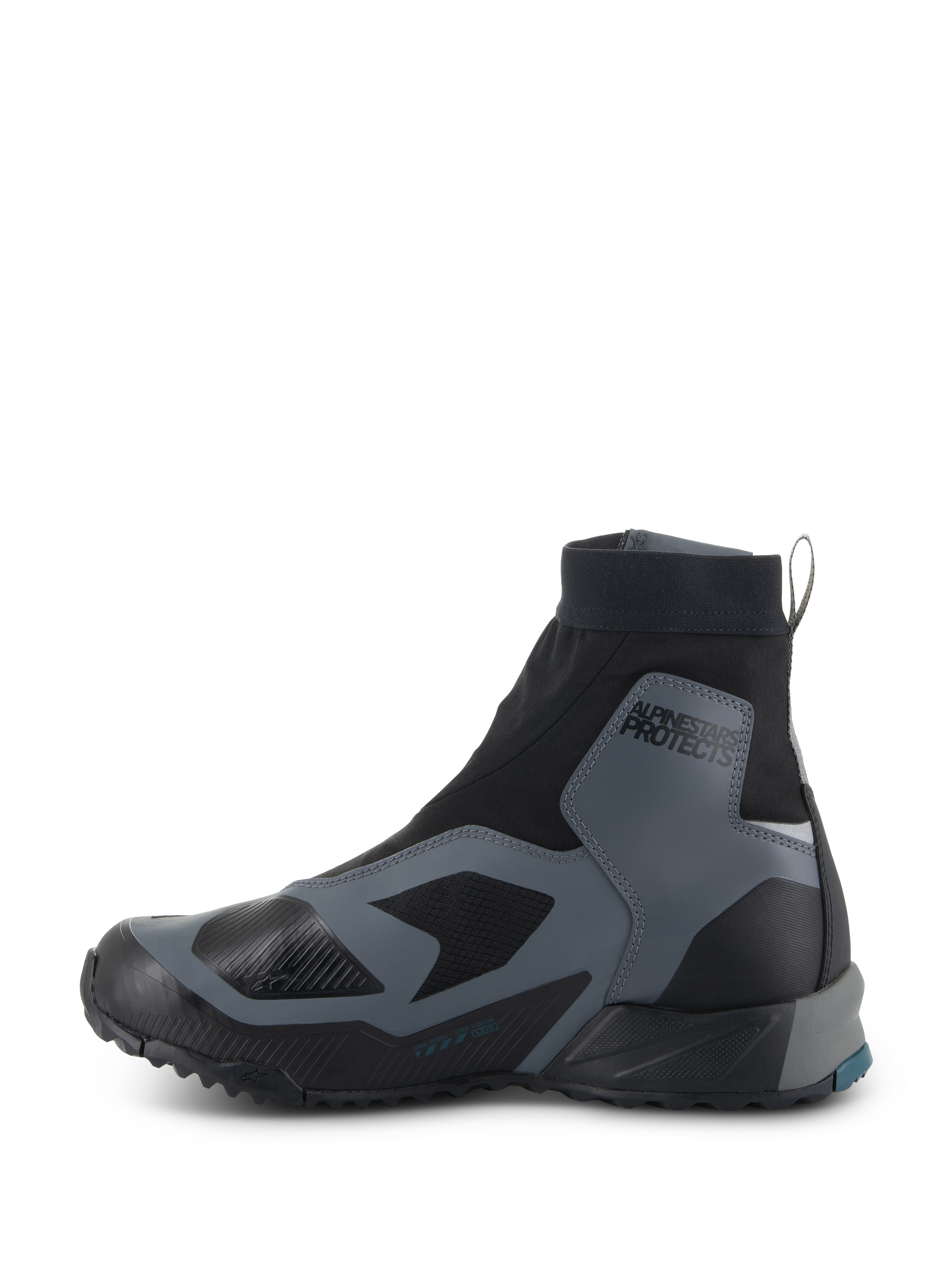 Alpinestars CR-8 GORE-TEX Schuhe, Motorradschuhe, Schwarz und Dunkelgrau, Seitenprofil mit hoch geschnittenem Stretch-Innenschuh, schützende Overlays, 'ALPINESTARS PROTECTS'-Branding am Knöchel und strapazierfähige Gummisohle, wasserdicht und atmungsaktiv für Adventure-Touren.