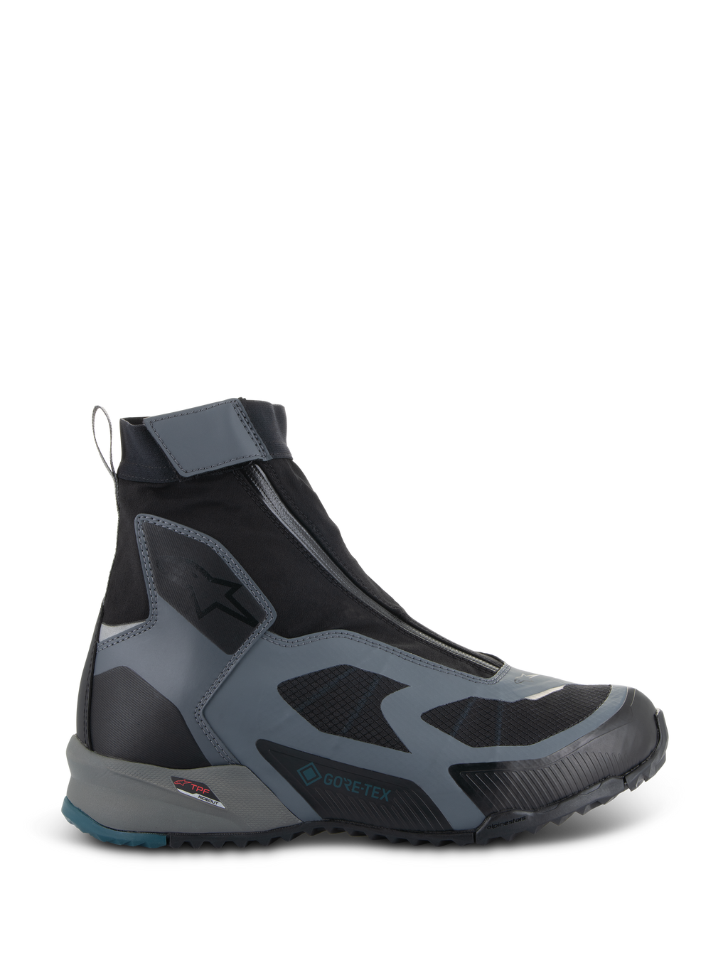 Alpinestars CR-8 GORE-TEX Schuhe, Motorradstiefel in Schwarz und Dunkelgrau, wasserdichtes High-Top-Design mit schrägem Reißverschluss, atmungsaktive Textileinsätze, TPF-Schutzrahmen, robuste Sohle mit petrolblauem Fersenakzent