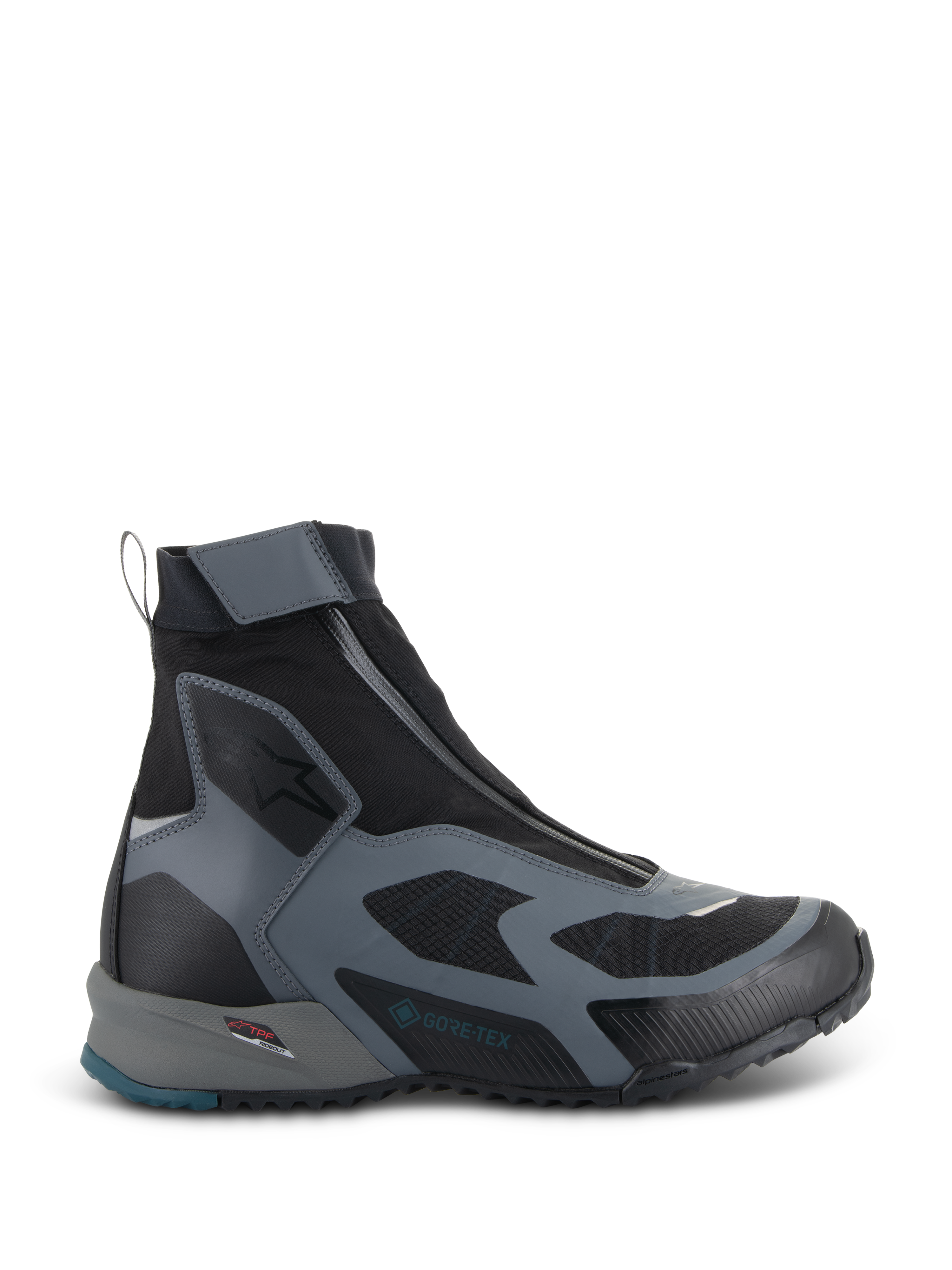 Alpinestars CR-8 GORE-TEX Schuhe, Motorradstiefel in Schwarz und Dunkelgrau, wasserdichtes High-Top-Design mit schrägem Reißverschluss, atmungsaktive Textileinsätze, TPF-Schutzrahmen, robuste Sohle mit petrolblauem Fersenakzent