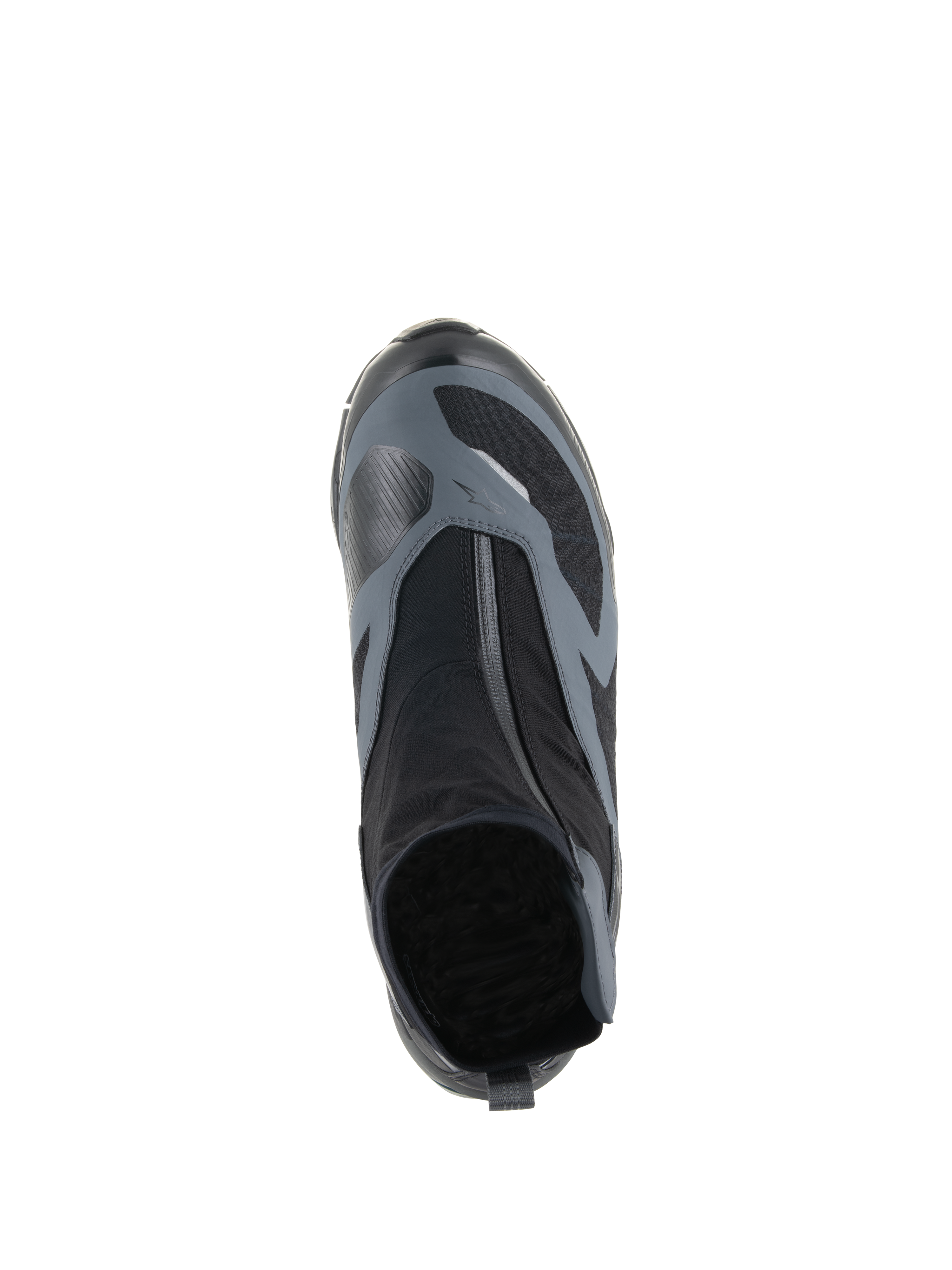 Alpinestars CR-8 GORE-TEX Schuhe, Schwarz und Dunkelgrau, Draufsicht mit abgewinkeltem wasserdichtem Reißverschluss und technischem Textil-Obermaterial, entwickelt für Adventure-Touren.