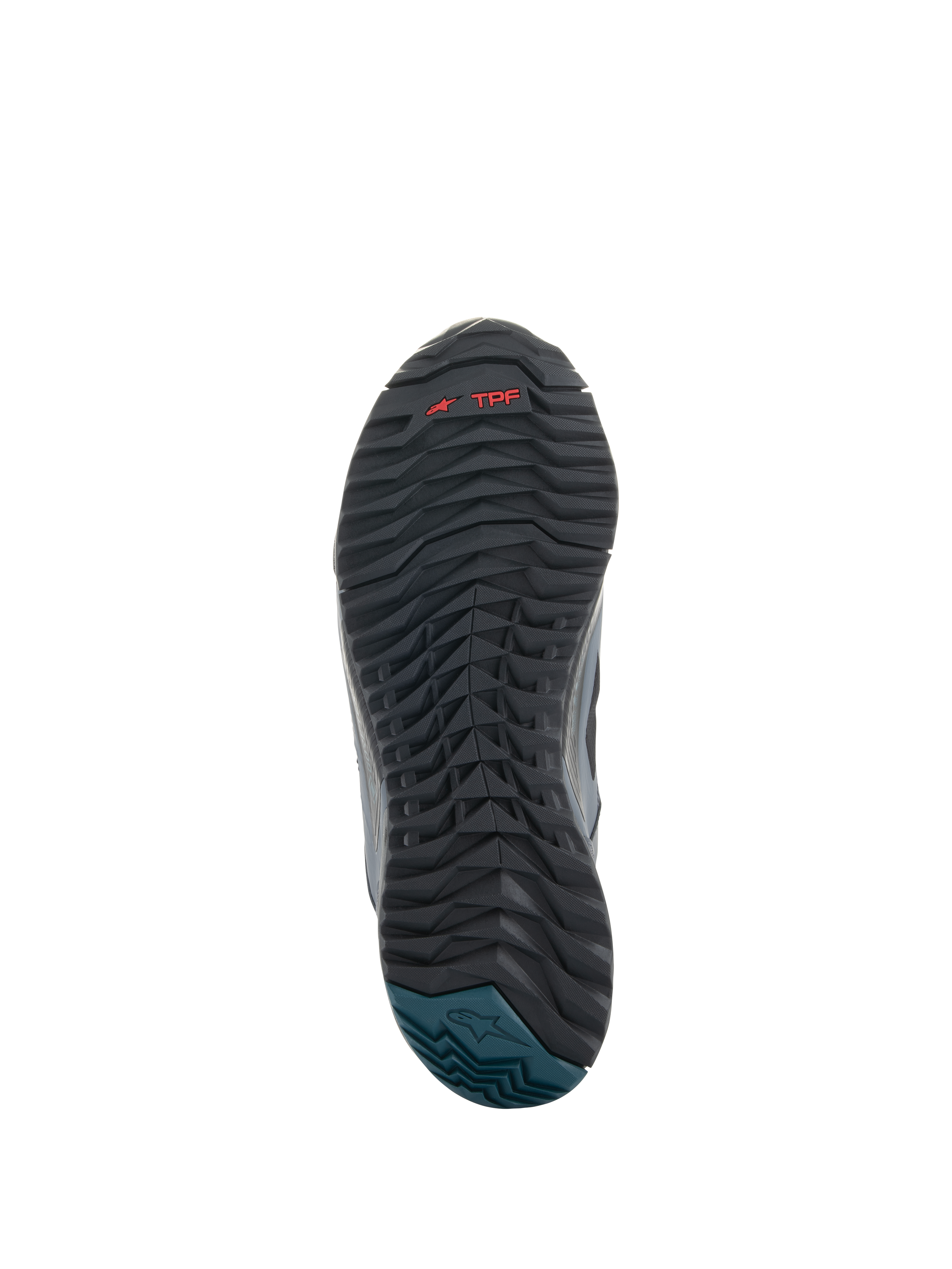 Alpinestars CR-8 GORE-TEX Schuhe, Sohlenansicht, Gummiaußensohle in Schwarz und Dunkelgrau mit texturiertem, wellenförmigem Profil, rotes TPF-Branding, petrolblaue Ferse mit Alpinestars-Logo, strapazierfähiges Design für das Motorradfahren